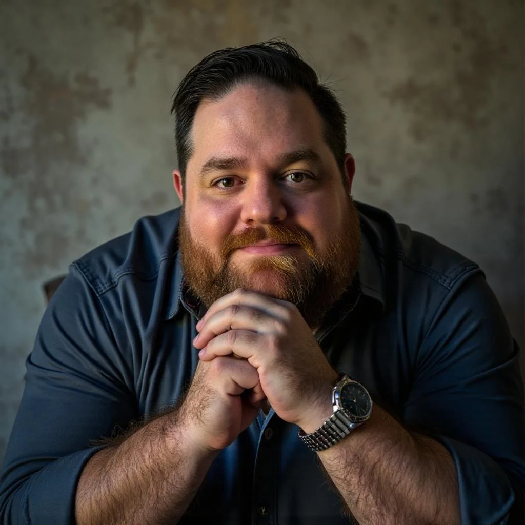 Portrait of a man with dark hair and a beard, wearing a dark button-up shirt and a silver wristwatch, sitting with his hands clasped under his chin in front of a textured neutral background.