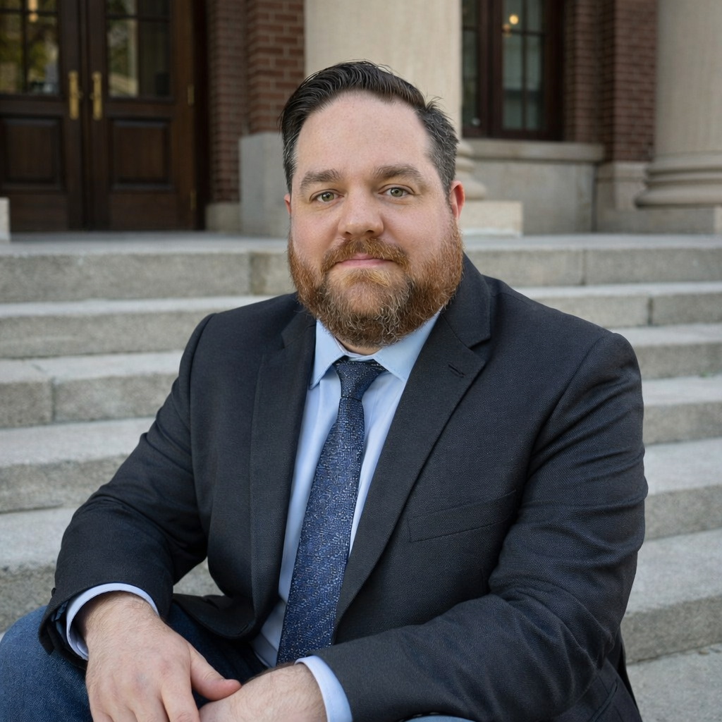 A man with a beard and short hair, dressed in a dark suit, light blue shirt, and patterned blue tie, sitting on steps outside a building with brick and stone architecture.