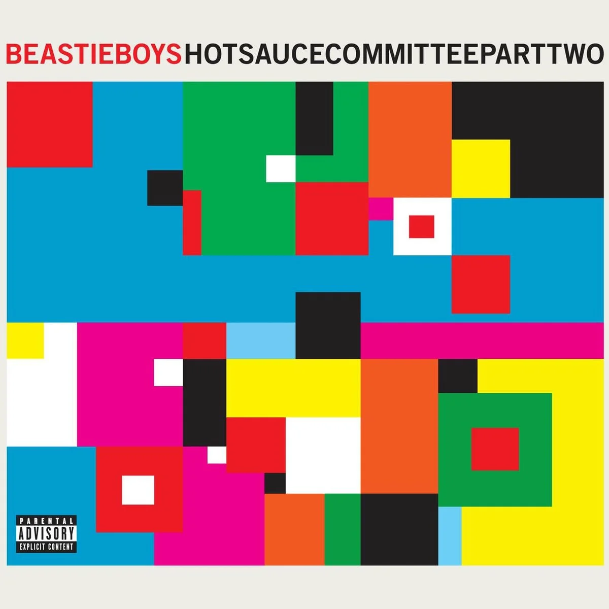 Couverture d'un album de musique avec des formes géométriques colorées et le texte 'BEASTIEBOYS HOTSAUCECOMMITTEEPARTTWO' en haut à gauche.