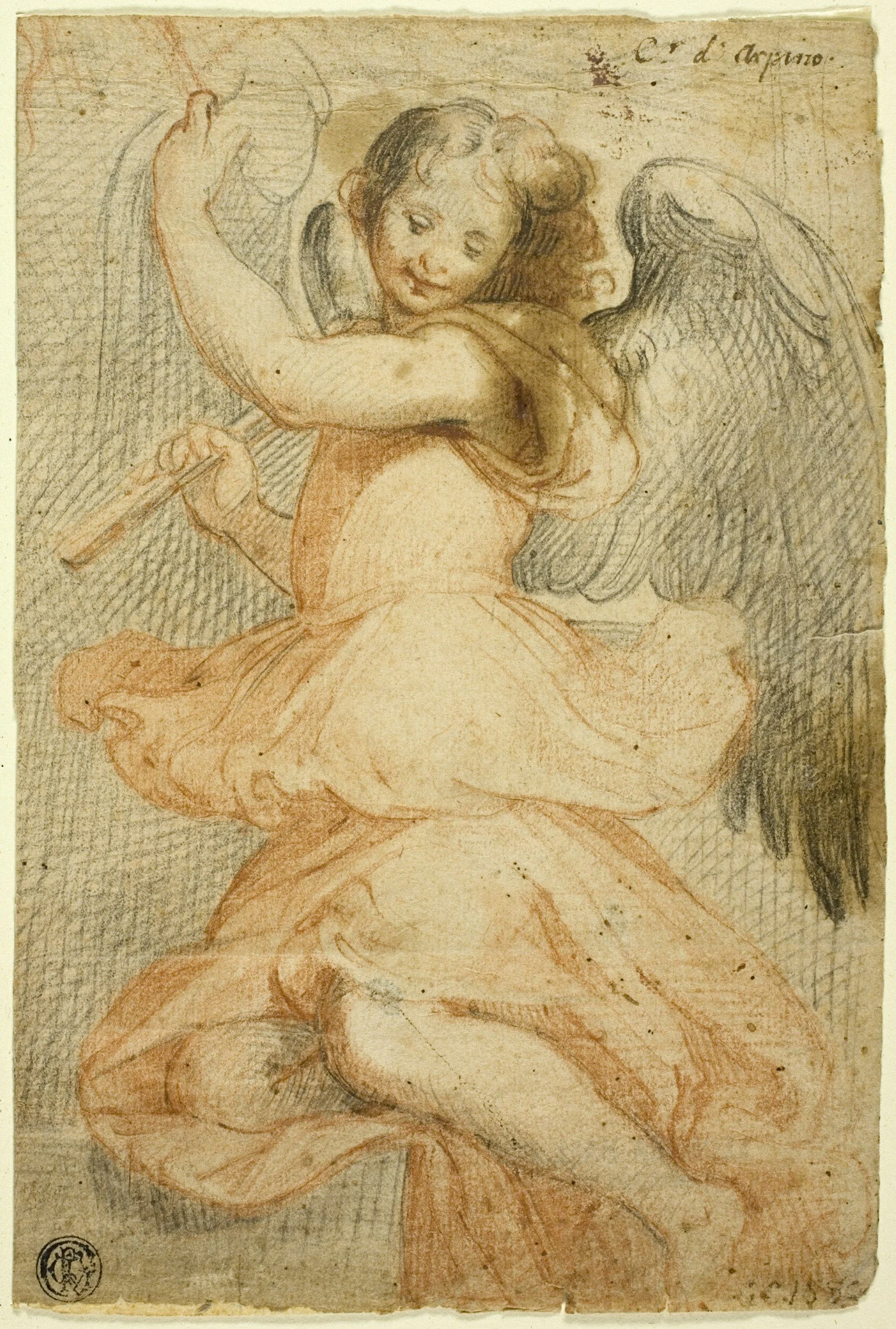 Drawing of a winged figure, possibly Cupid, with curly hair, holding a bow and arrow. The figure is depicted with a light-colored garment and has large wings.