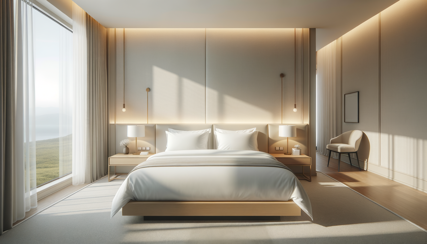 A modern, minimalist bedroom with a large bed, white bedding, matching pillows, two bedside tables with lamps, a beige armchair, a picture frame on the wall, and large windows with curtains allowing natural sunlight.