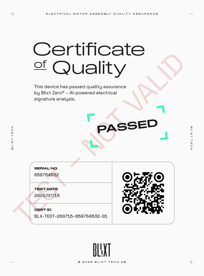 A Blixt Certificate of Quality: PASSED stamp, serial number, test date, certificate ID and QR code, watermarked TEST NOT VALID.