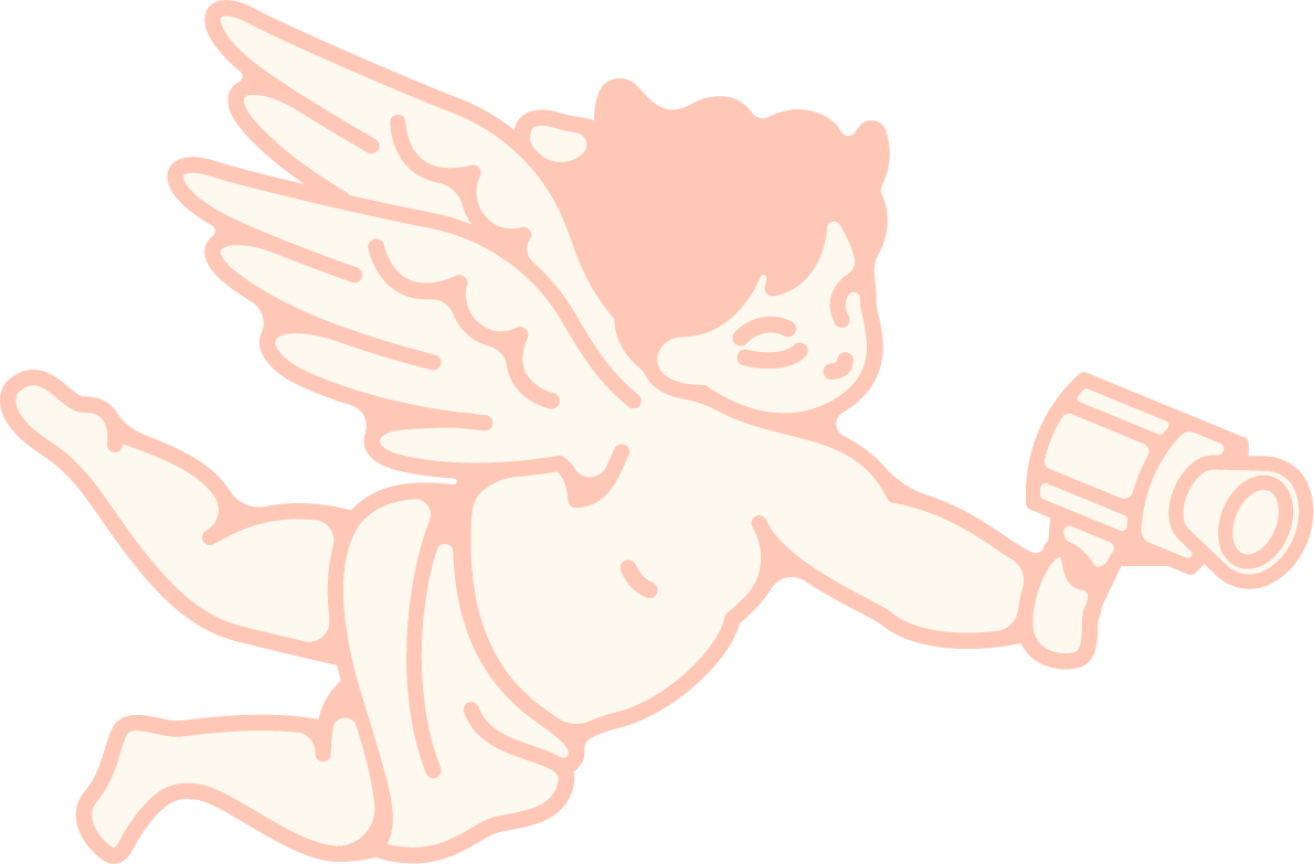 Cartoon-style cherub with wings flying, holding a telescope