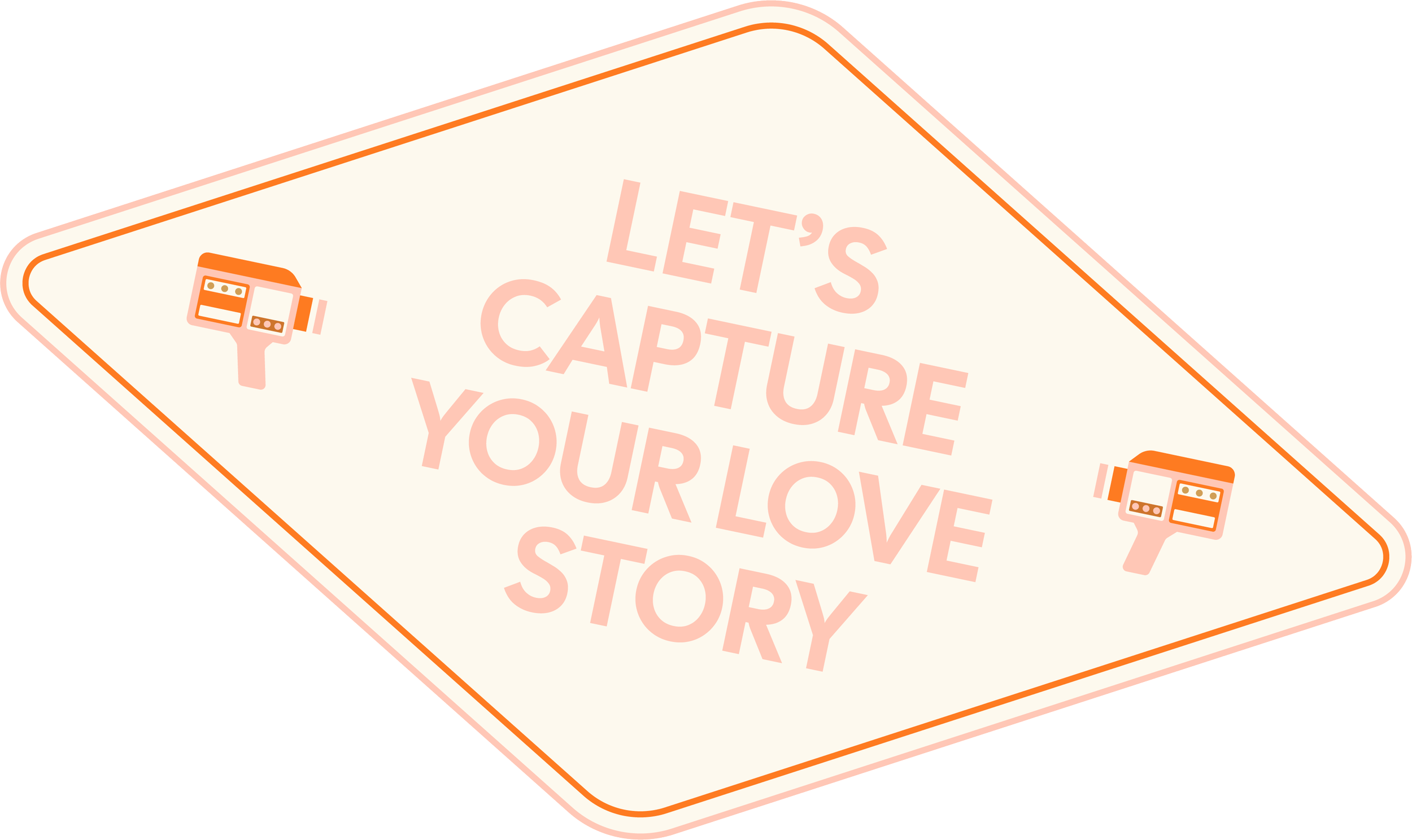 A rectangular sign with rounded corners, cream-colored background, and orange border. Text in pink reads, "Let's Capture Your Love Story." Two small orange cameras are on either side of the text.