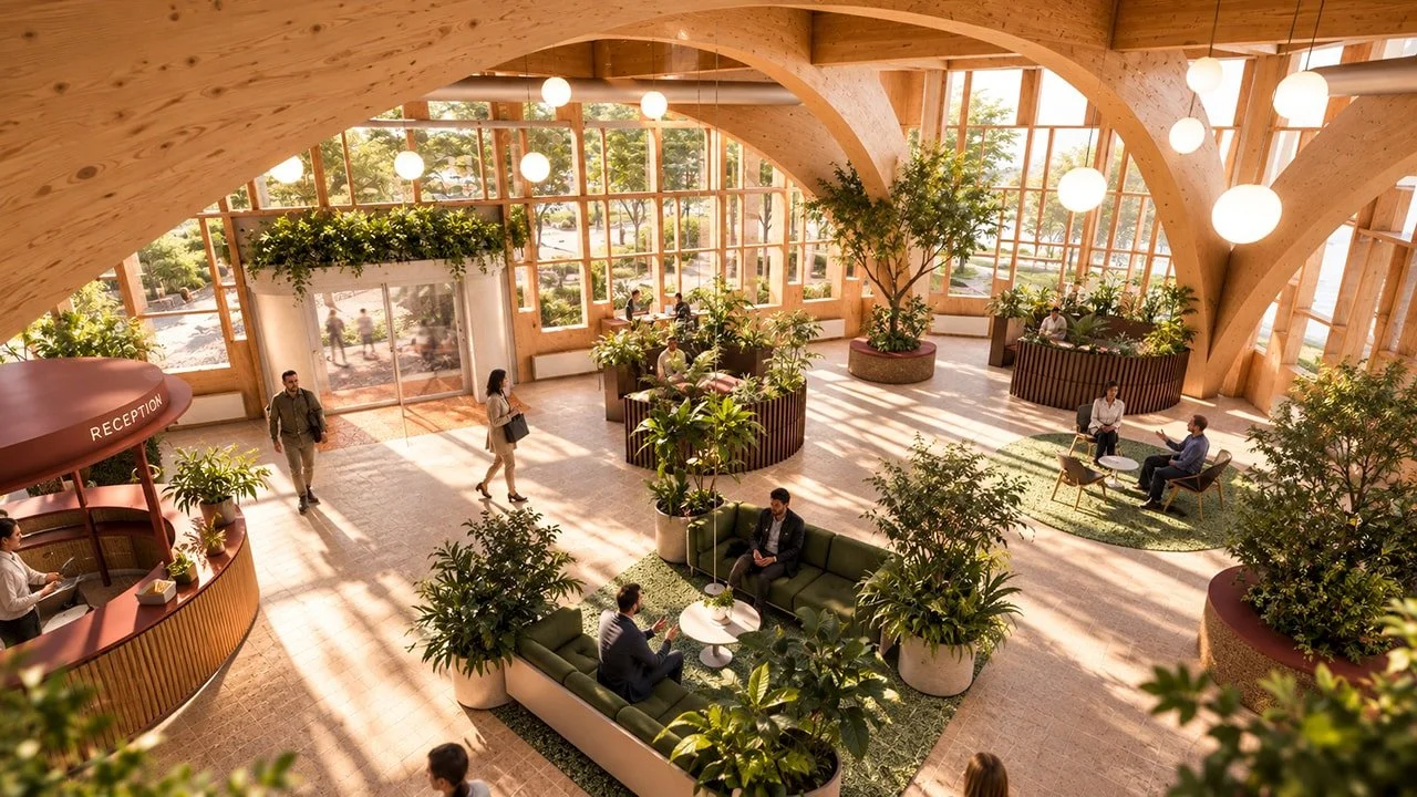 Indendørs lobby med store vinduer, grønne planter, sofaer, receptionsskranke og mennesker, der taler eller går.