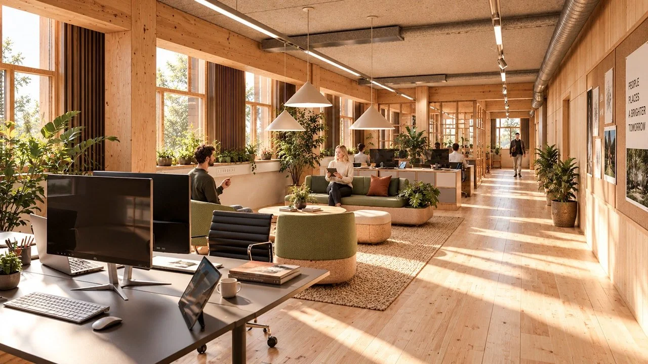 Interiør af et lyst kontor med store vinduer, grønne planter, moderne møbler og medarbejdere, der arbejder og slapper af.