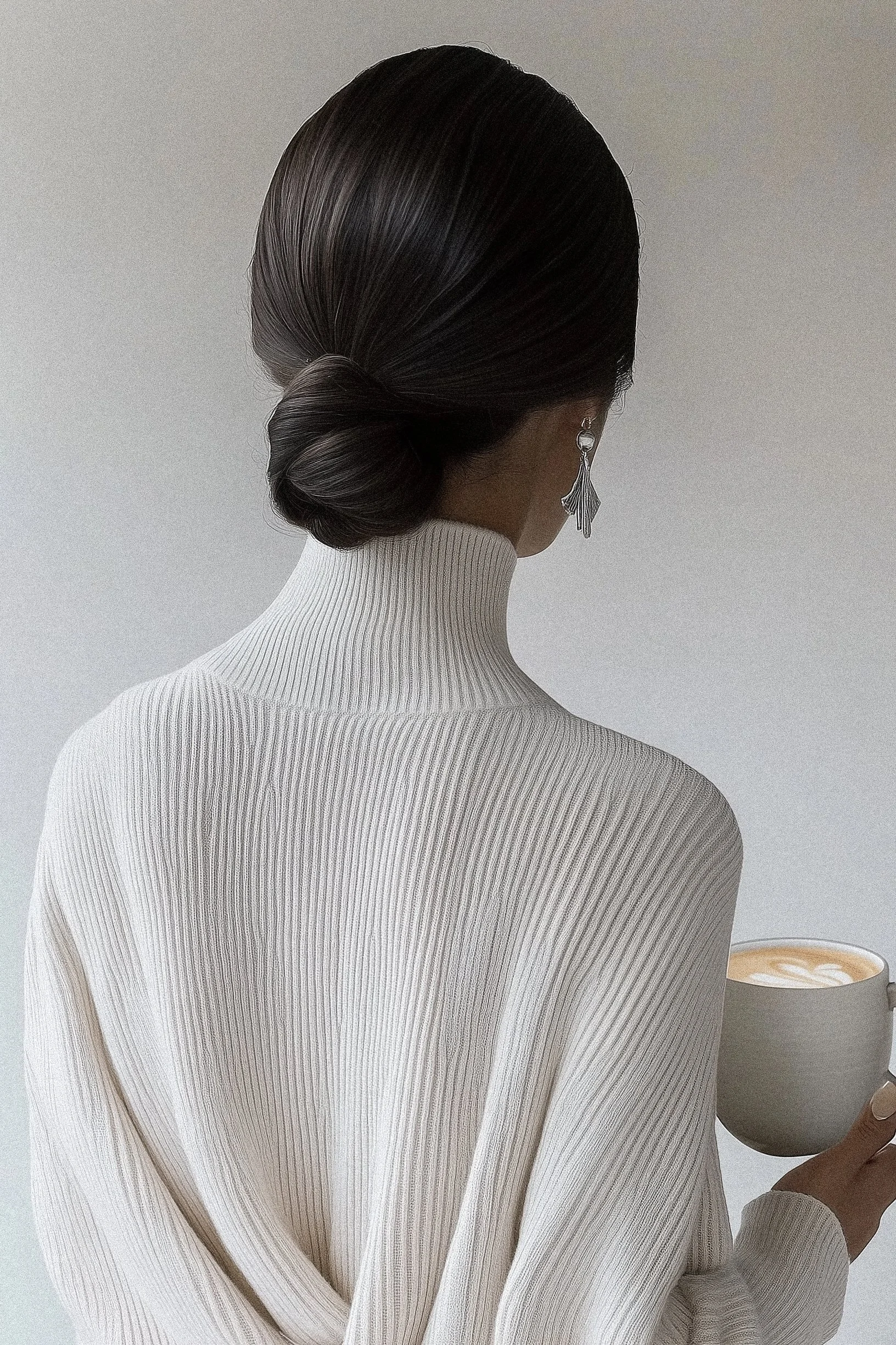 Back view of a woman with dark hair styled in a low bun, wearing a light-colored turtleneck sweater and earrings, holding a coffee cup with latte art.