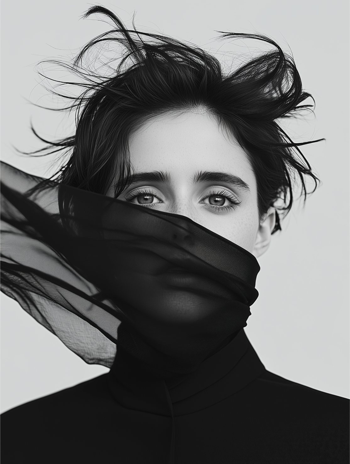 Black and white portrait of a woman with messy hair partially covering her face with a sheer black fabric, revealing her eyes and eyebrows, against a plain light background.