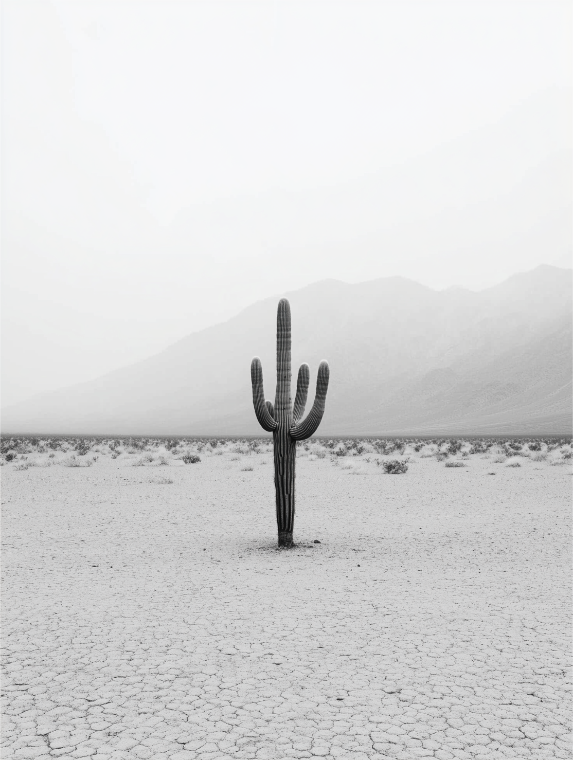 Black and white image of a desert with a single saguaro cactus in the center, mountains in the background, and cracked dry ground in the foreground.