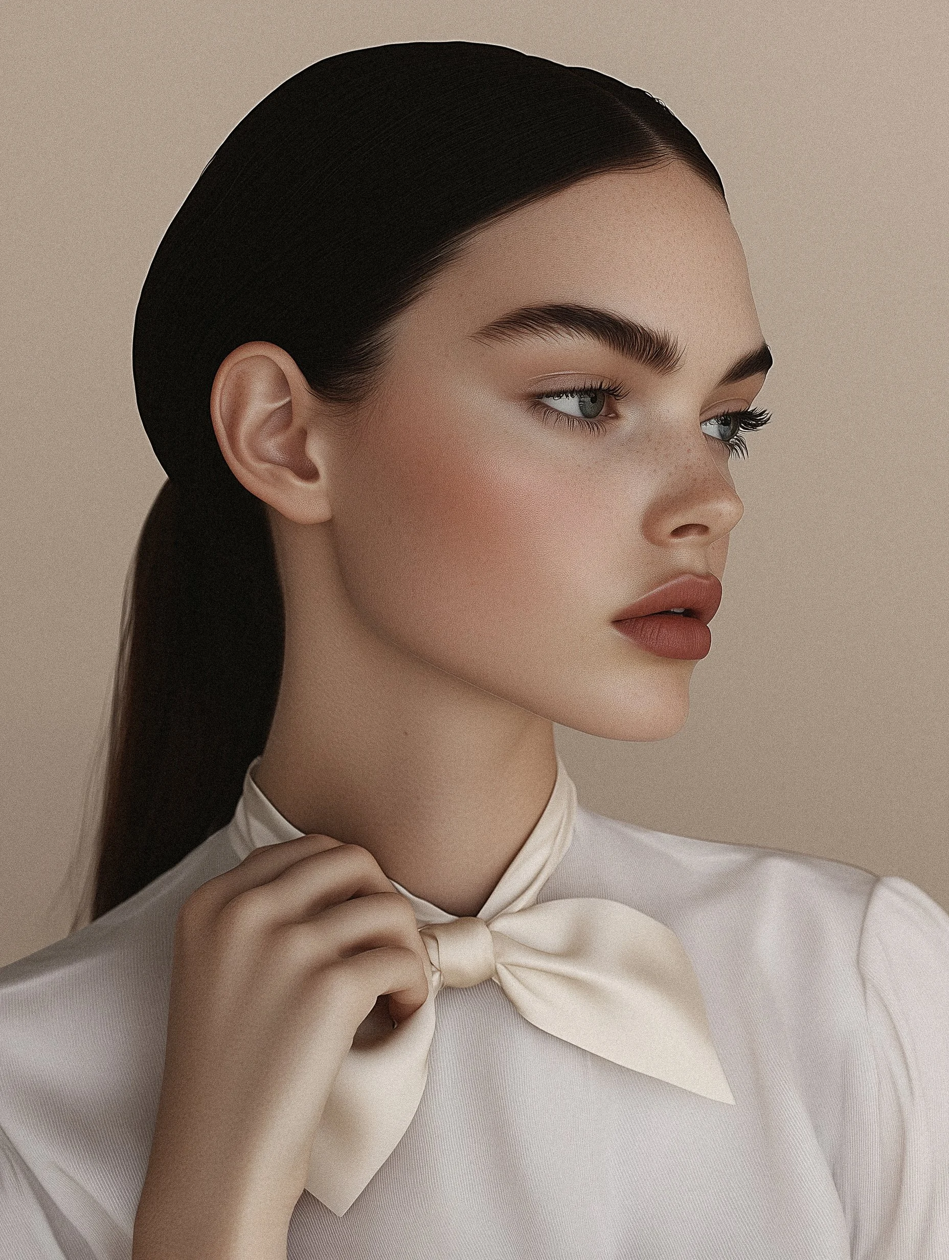 A young woman with dark hair and fair skin, wearing a white blouse and a satin bow tie, looking to the right with a neutral expression.