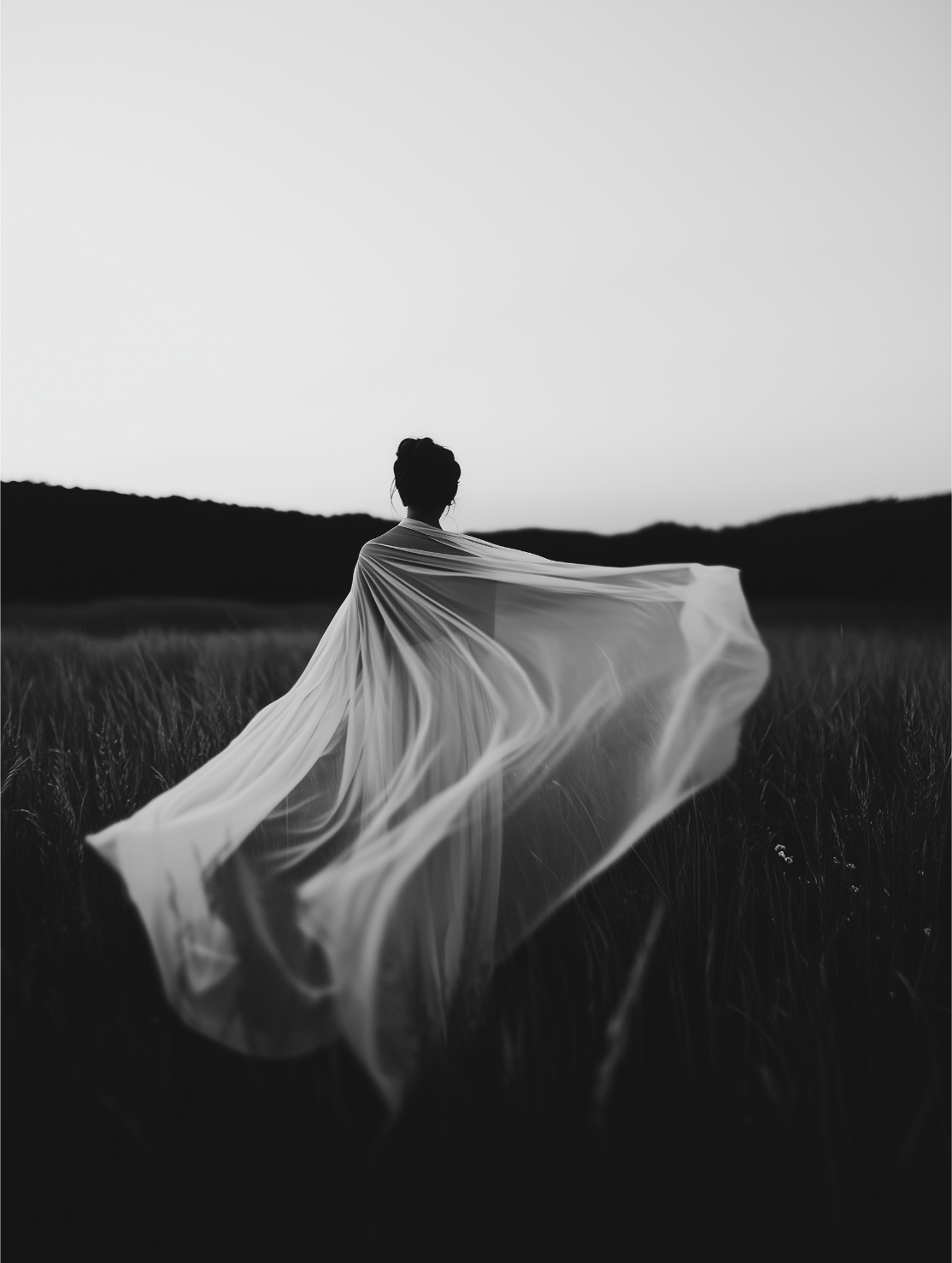 Black and white photo of a person standing in a field, seen from behind, wearing flowing fabric that billows in the wind with a mountain range in the background.