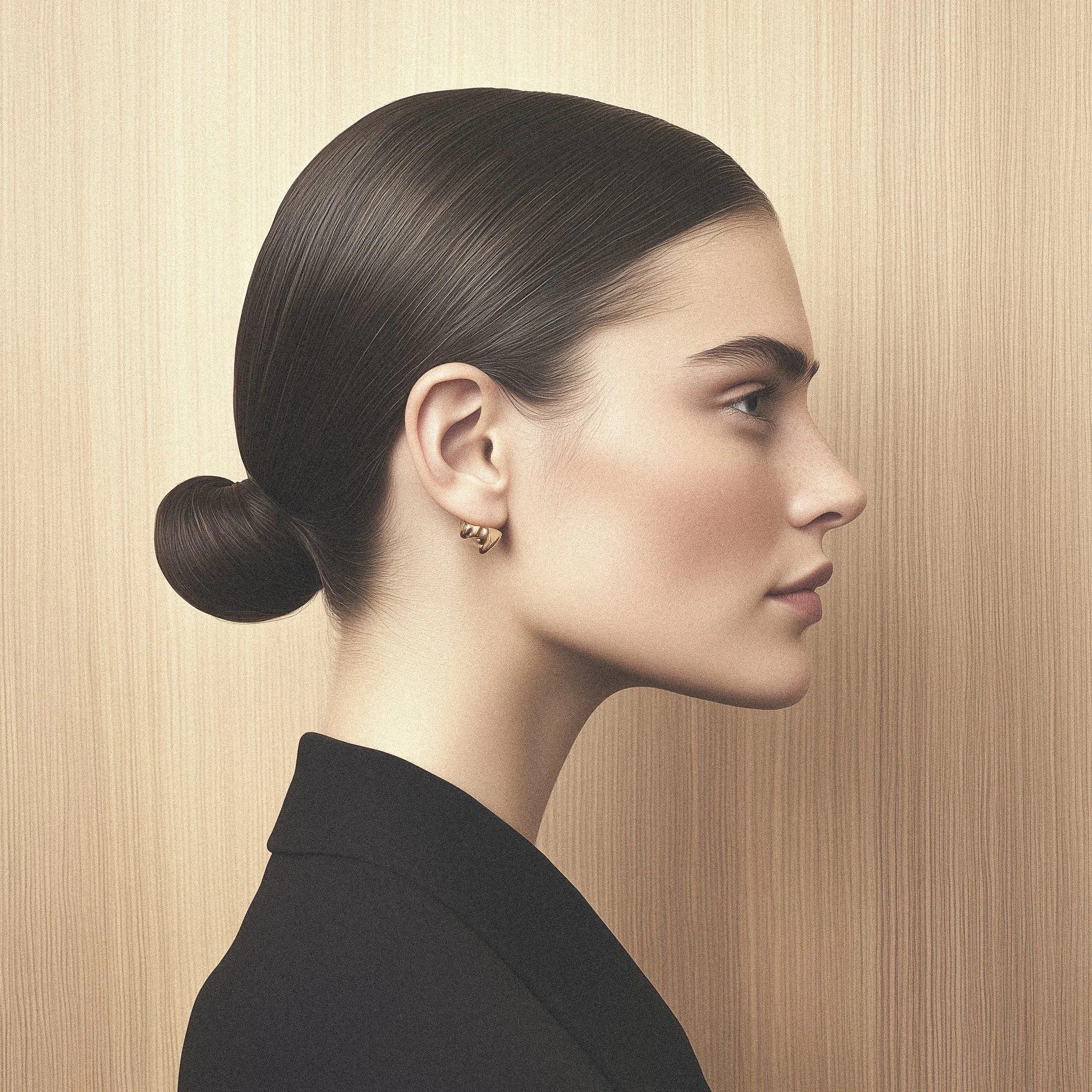 Profile of a woman with slicked-back hair styled in a low bun, wearing earrings and a black blazer, against a beige background.