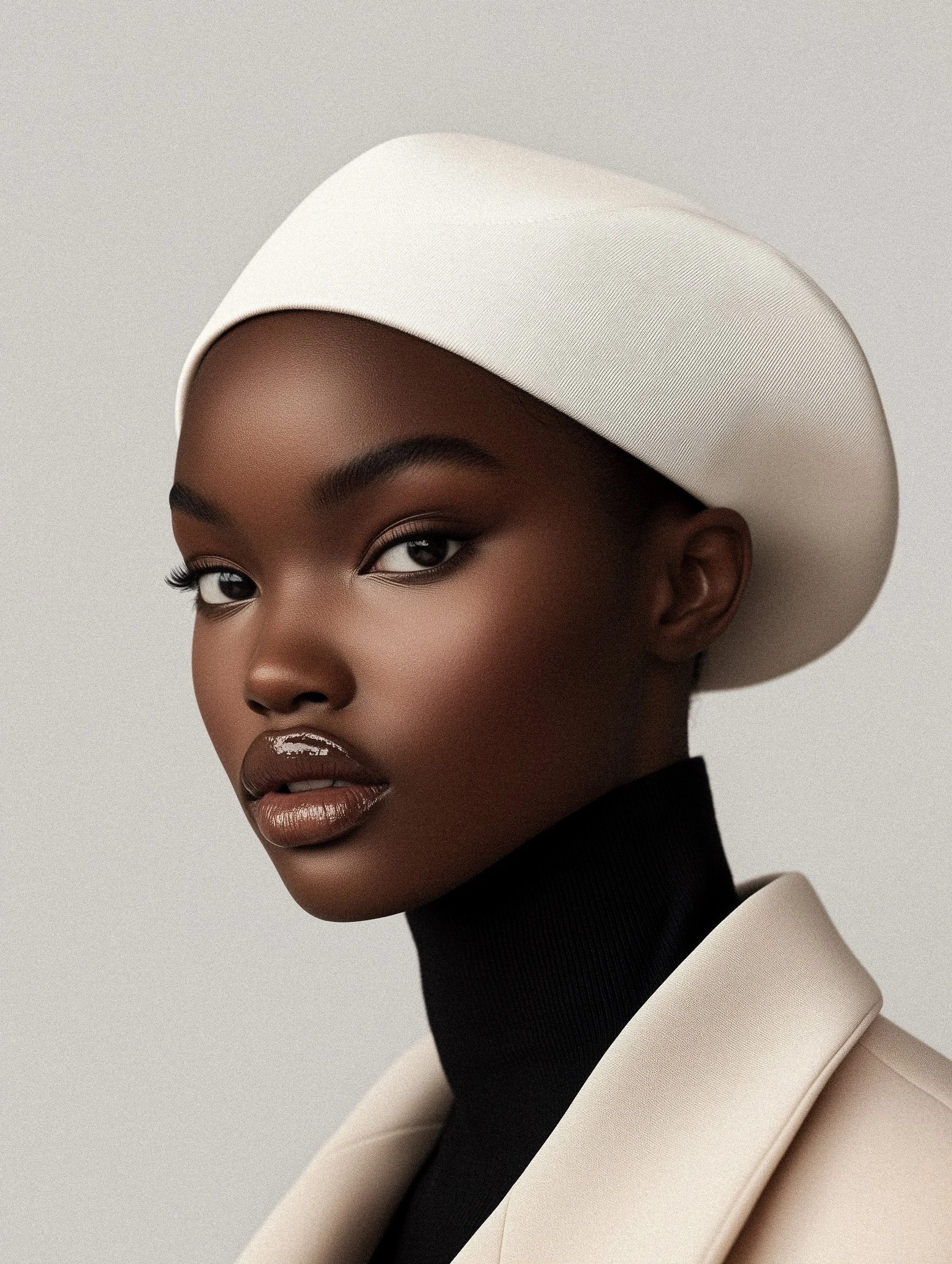 A woman with dark skin wearing a white hat, black turtleneck, and beige blazer, looking at the camera.