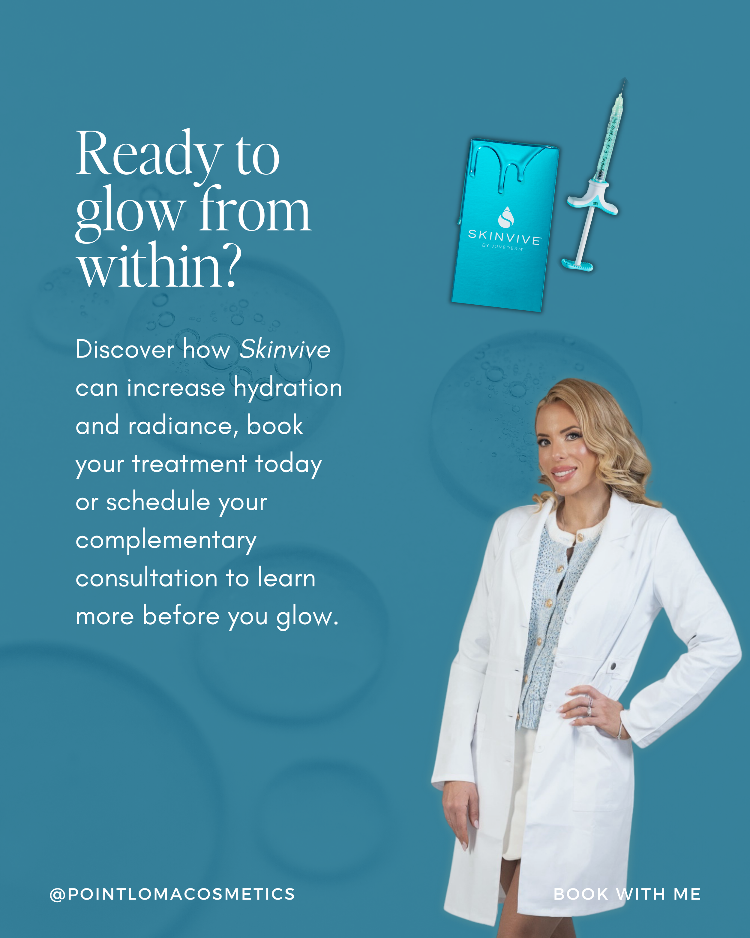 An advertisement for Skinvive skincare treatment featuring a woman in a white coat, product image, syringe, and skincare packet on a blue background with text promoting hydration and radiance.