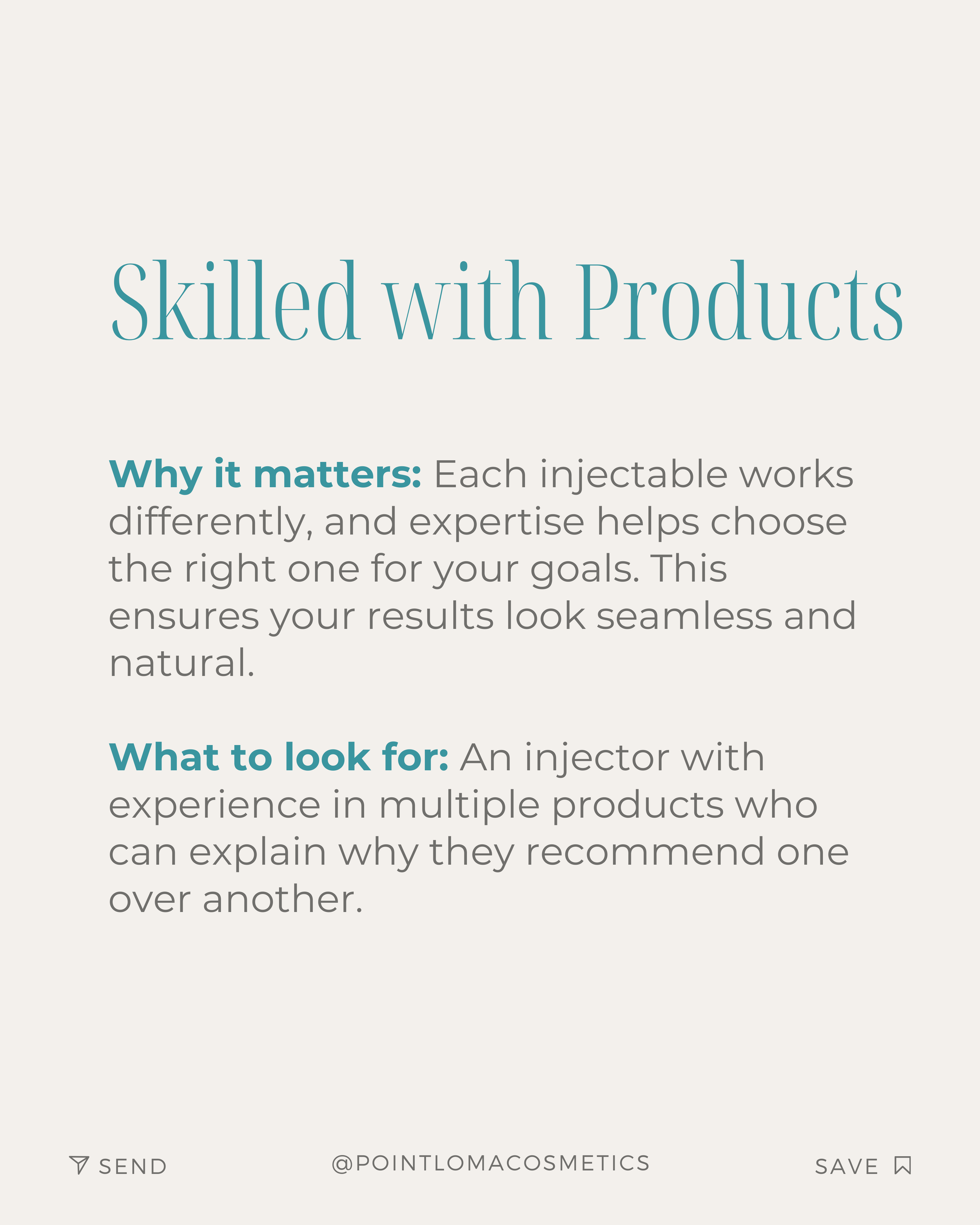 Text explaining the importance of skill with product injectables in cosmetics, including tips on what to look for in a qualified injector.