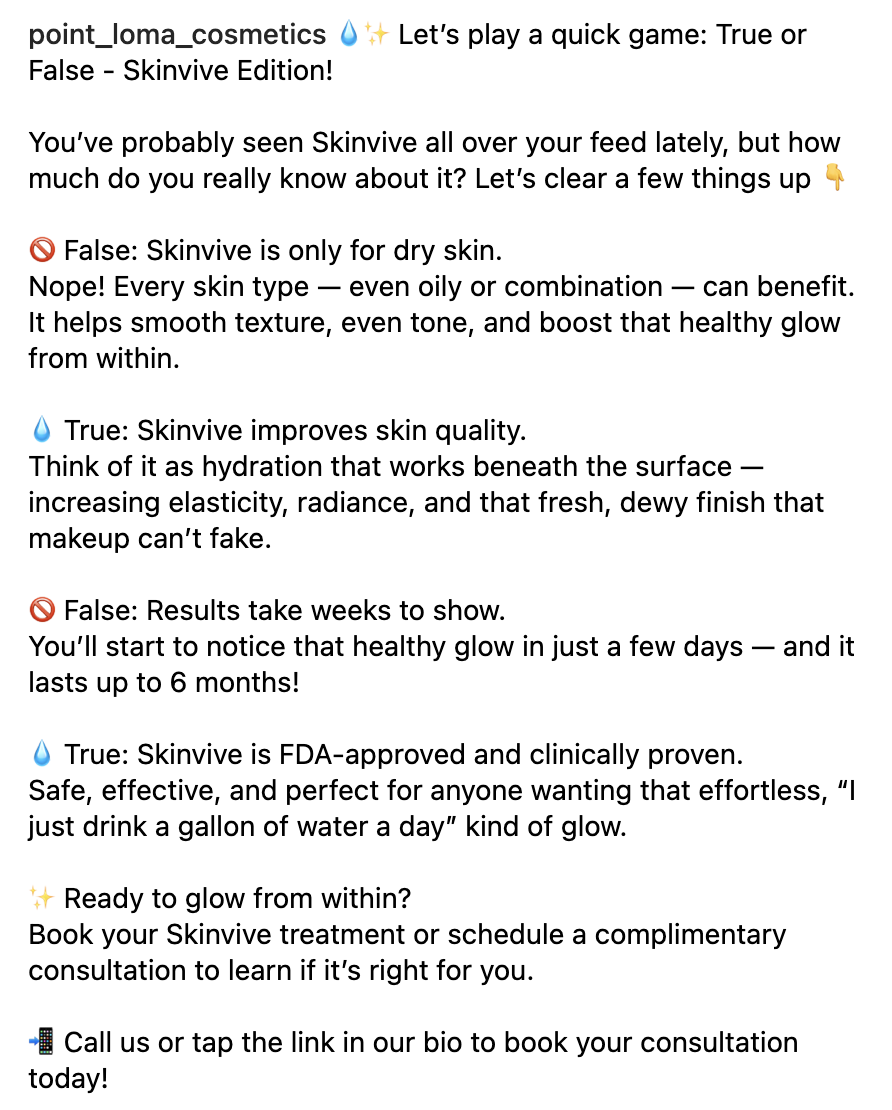 Instagram Caption promoting Skinive skincare quiz with tips on skin types, benefits, and FDA approval, encouraging bookings and consultations.