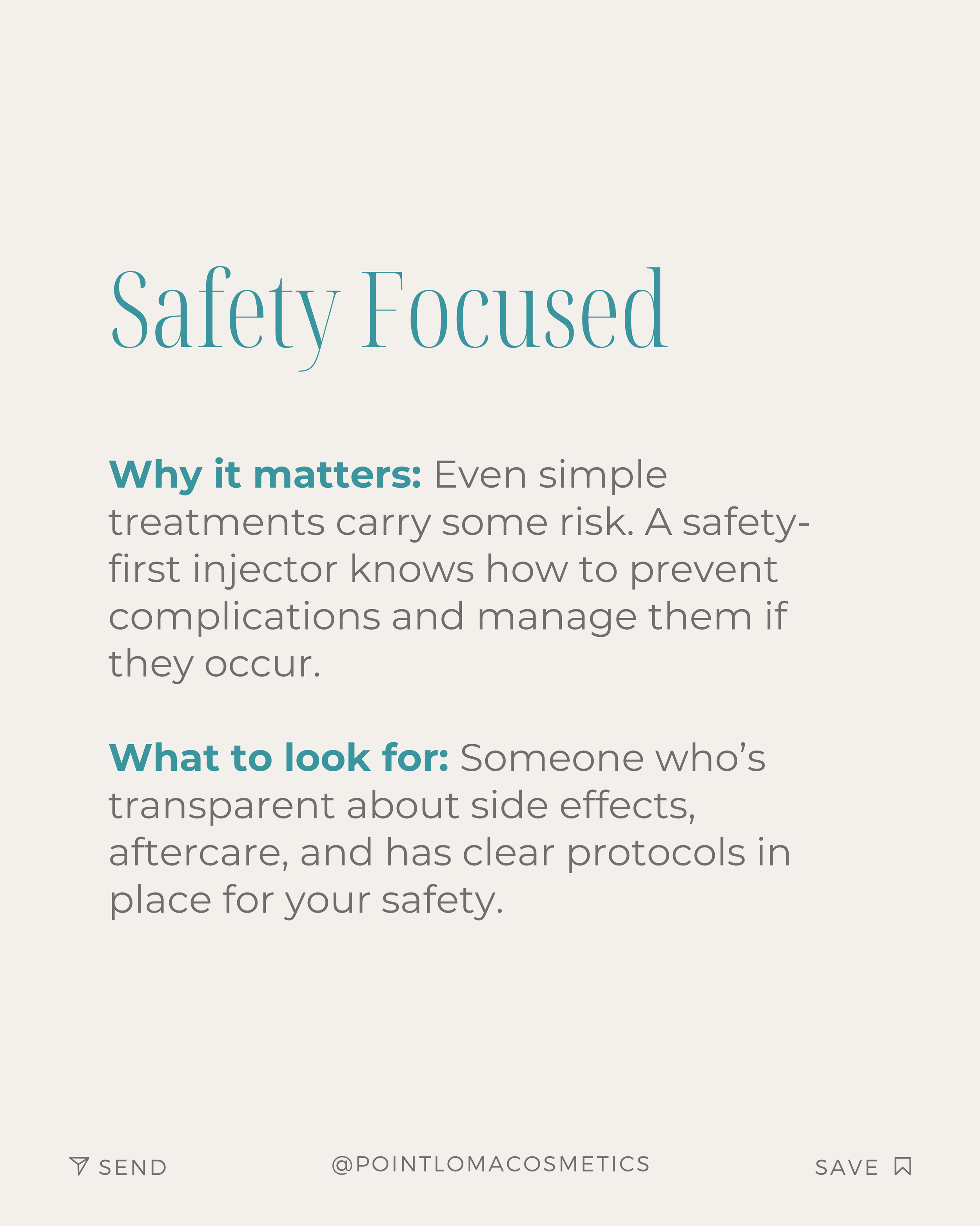 Infographic about the importance of safety in cosmetic treatments, emphasizing knowledge of side effects and protocols.