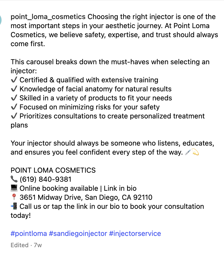 Text promoting Point Loma Cosmetics' injector services, listing qualifications for choosing an injector, contact information, location, and hashtags related to the service.