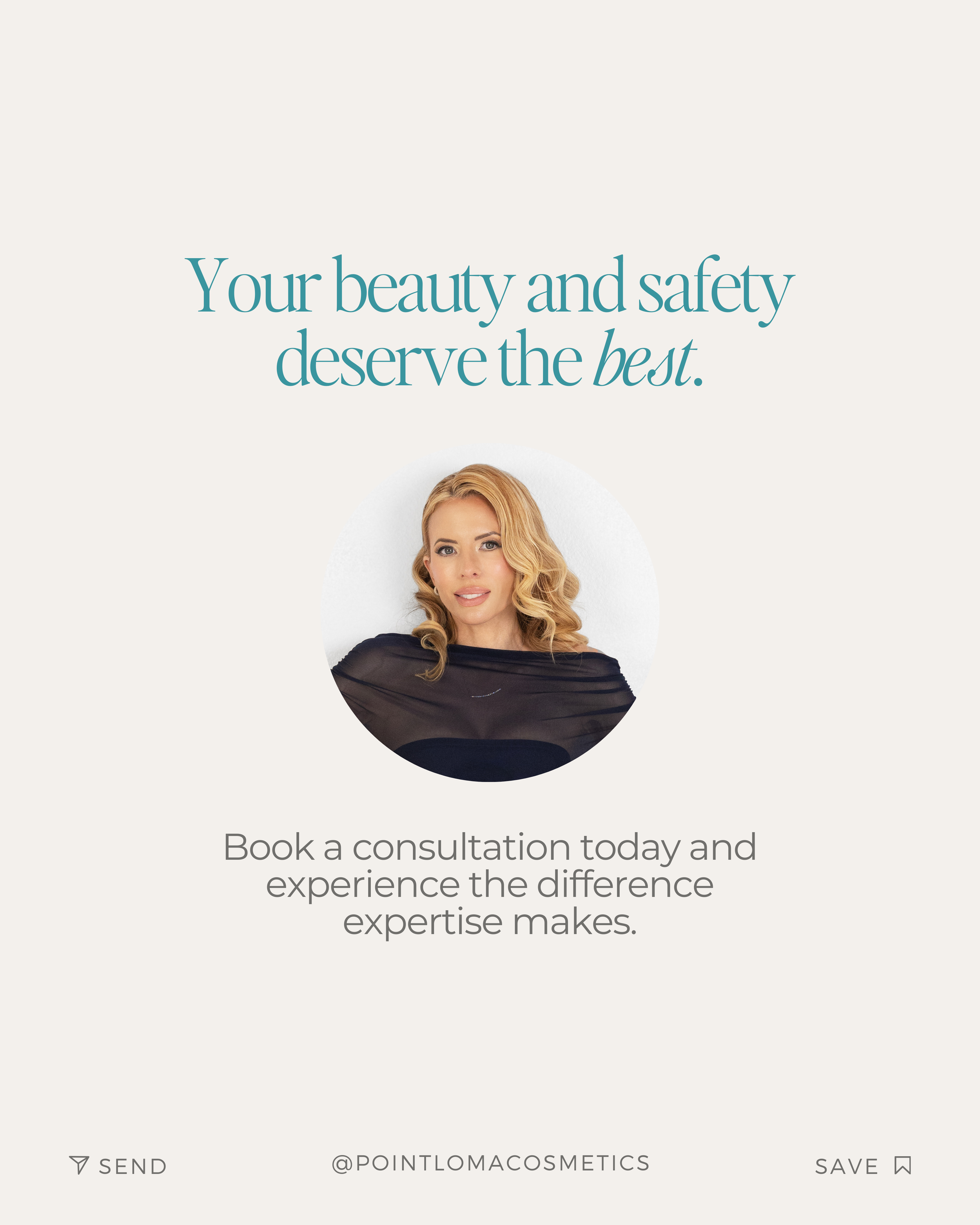 Cosmetic advertisement promoting booking a consultation for beauty and safety, featuring a woman with blonde hair, and text encouraging experience with expert care.