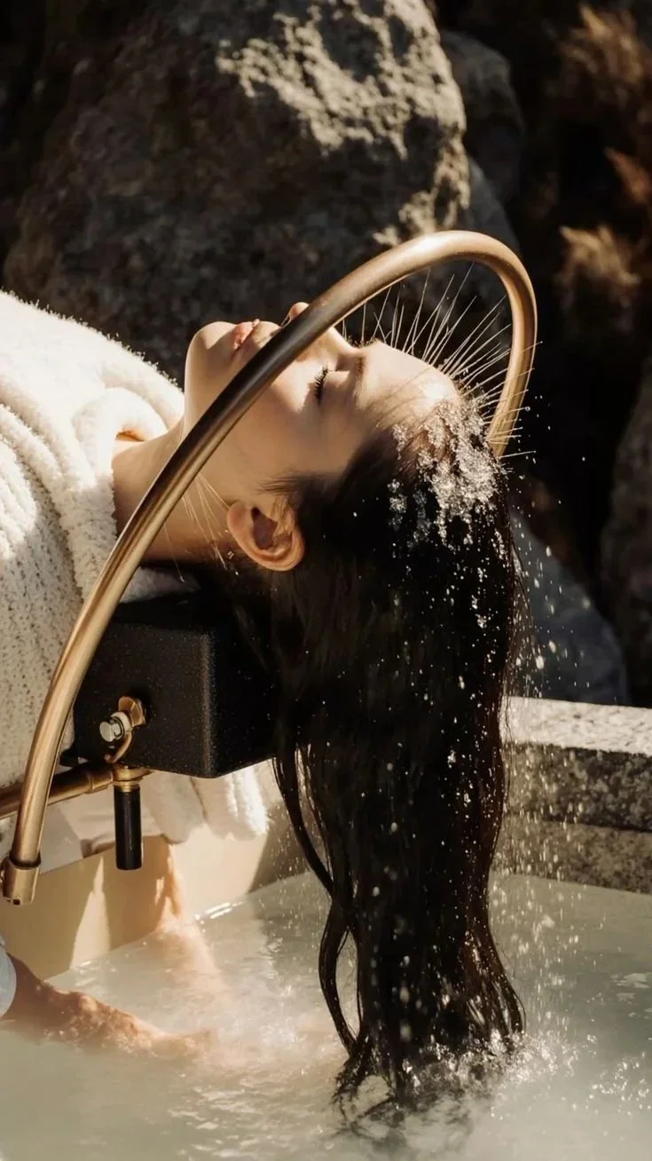 Femme aux longs cheveux noirs recevant un soin head spa, en nature.
