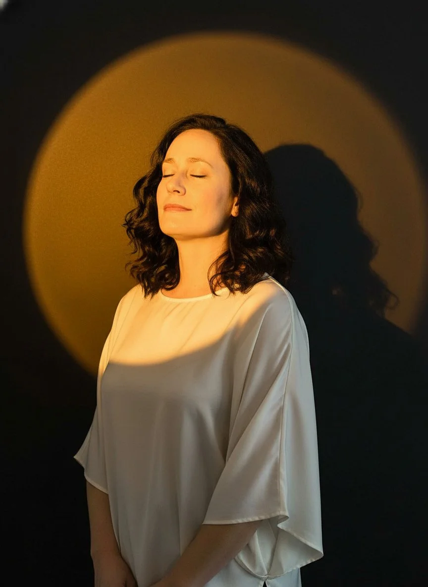 Une femme avec des cheveux bouclés fermez les yeux, portant une robe blanche, dans une pièce sombre avec un éclairage chaud créant une ombre sur le mur derrière elle.