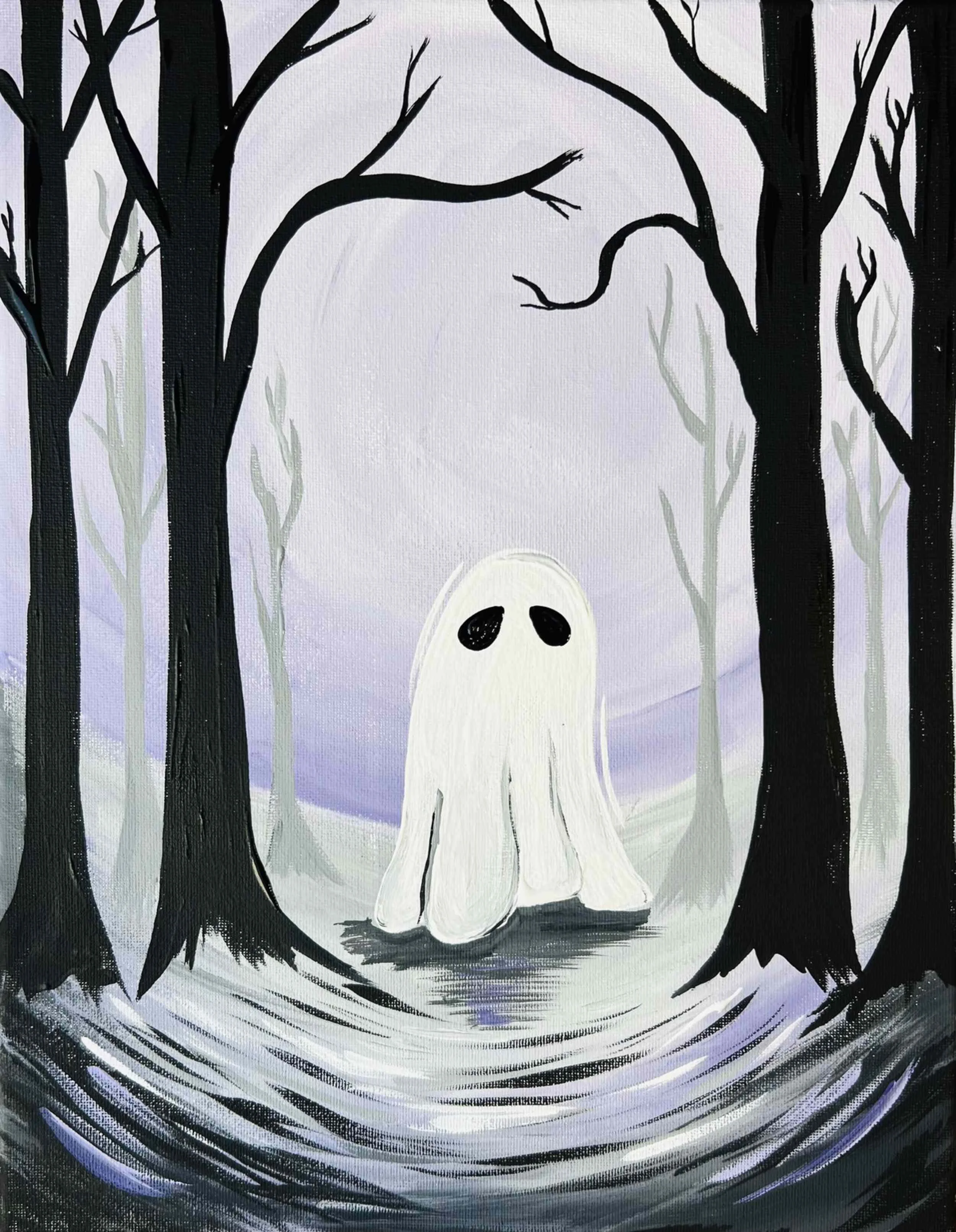 A cute ghost with black eyes standing in a dark, foggy forest surrounded by leafless trees.