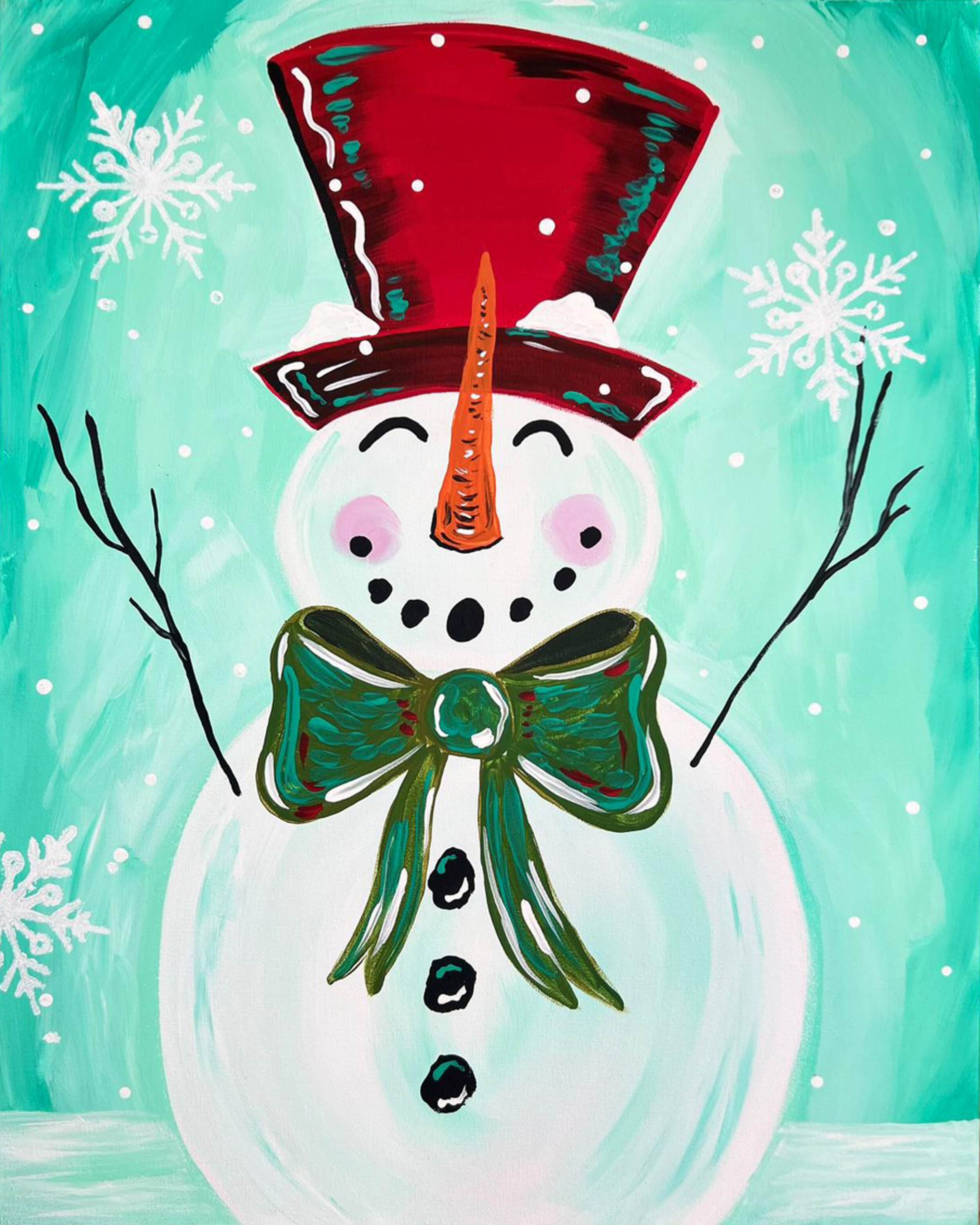 Painting of a cheerful snowman wearing a red top hat, with a carrot nose, pink cheeks, and a green bow tie, set against a snowy background with white snowflakes.