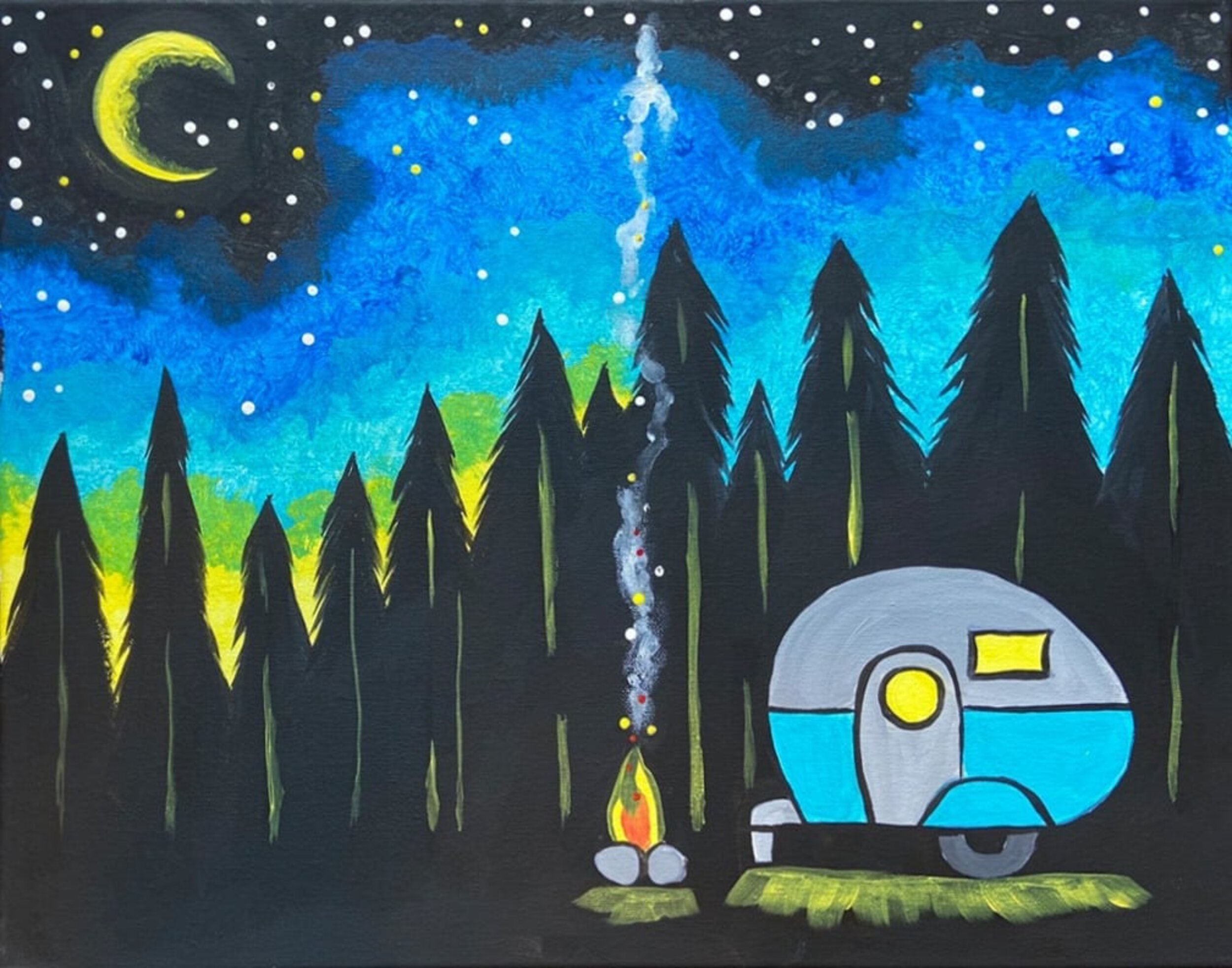 A colorful painting of a nighttime scene with a crescent moon, stars, blue sky, pine trees, a campfire, and a small camper trailer.