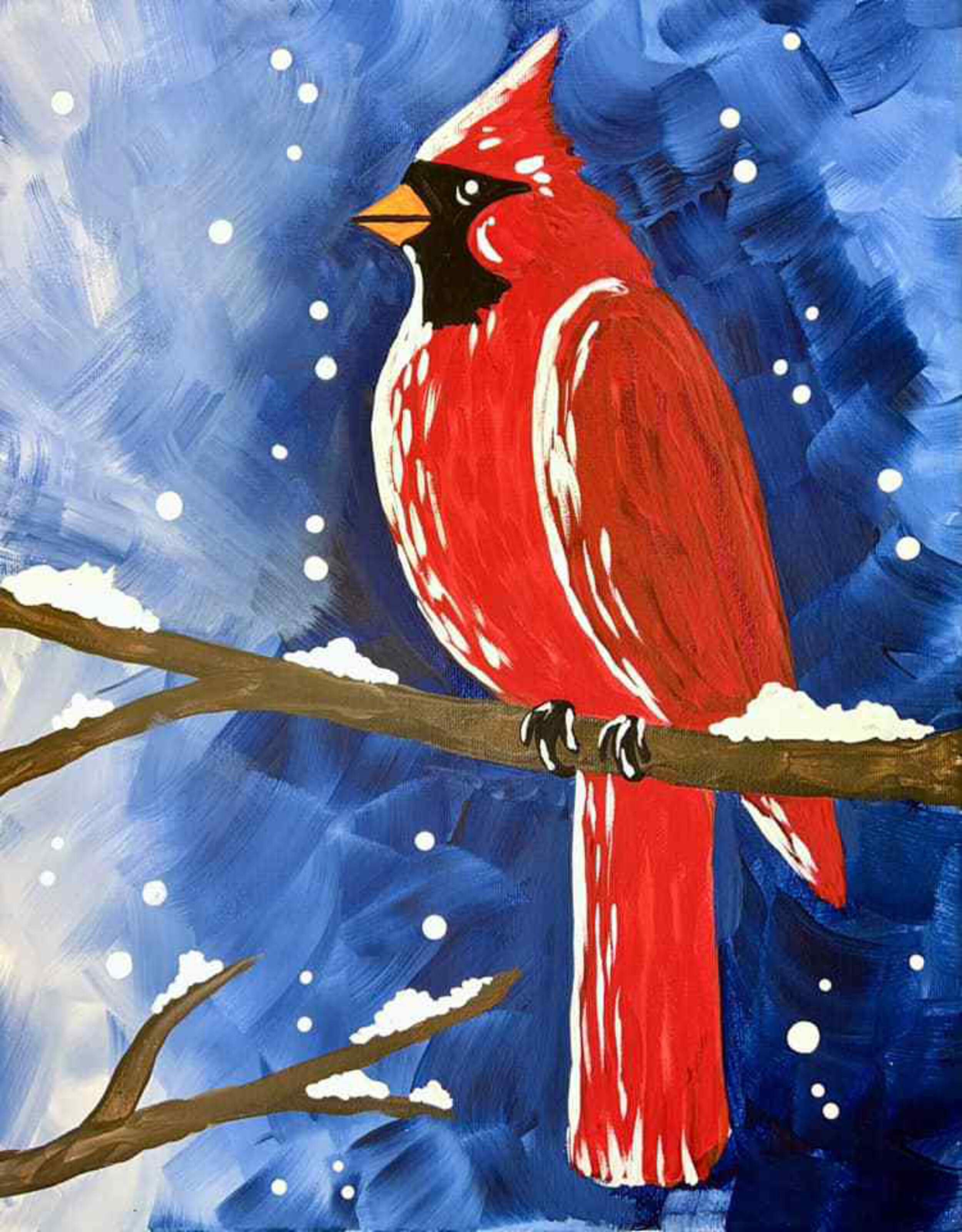 Painting of a red cardinal bird perched on a snow-covered tree branch in a winter scene with a dark blue sky.
