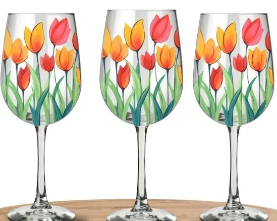Tulip Wine Glass & Glass Cup w/ Lid Painting 