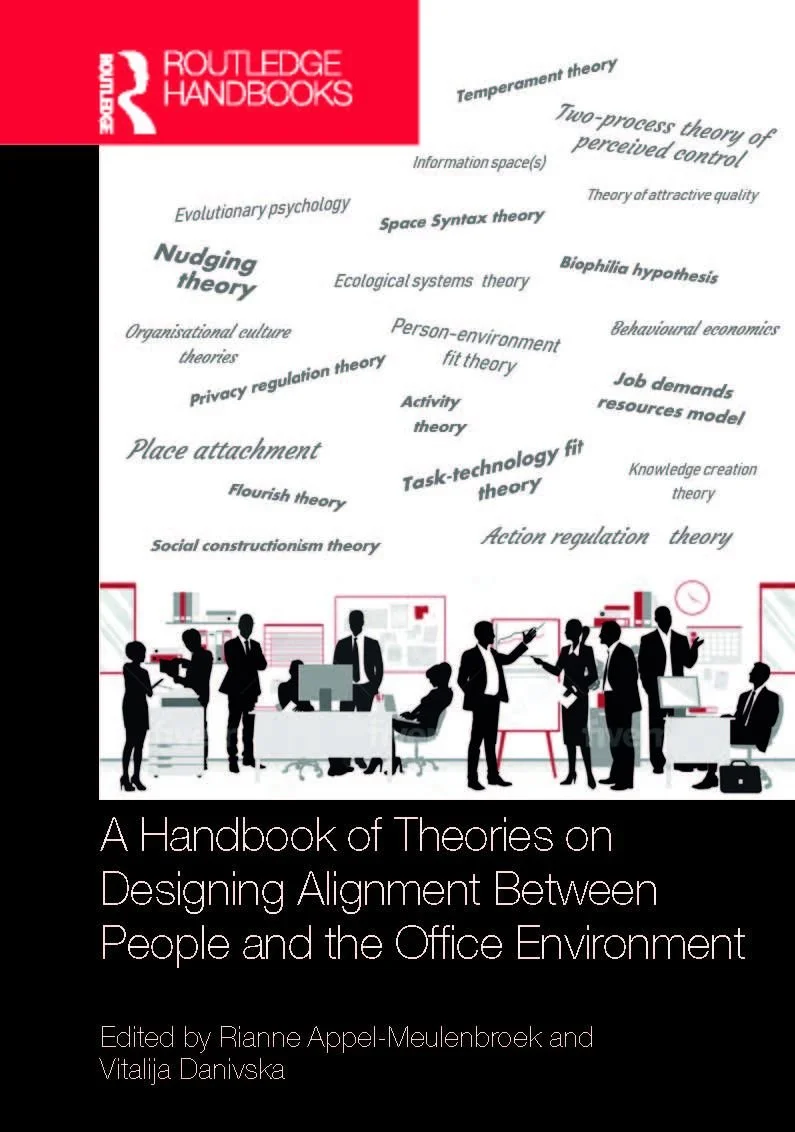 Cover of a handbook titled "A Handbook of Theories on Designing Alignment Between People and the Office Environment" featuring a group of business professionals working and collaborating in an office, with a background of various management and organizational theories.