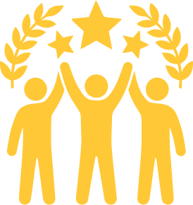 Three gold figures celebrating together with a star and laurel branches above them.