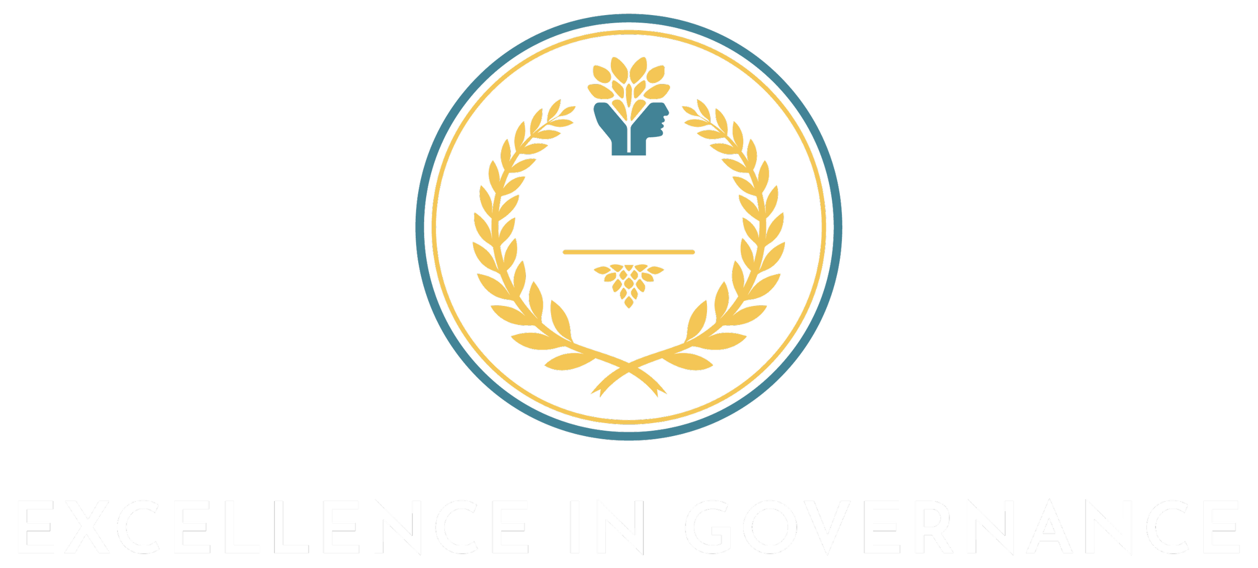 Logo with laurel wreath, a blue head with a wheat stalk on top, a dividing line, a cluster of wheat, and the text "EXCELLENCE IN GOVERNANCE".