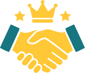 Illustration of a handshake with a crown and stars above, symbolizing agreement or achievement.