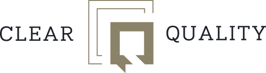 The image features the words 'CLEAR' and 'QUALITY' separated by a stylized logo with the letter Q. The logo consists of a black square with a white outline and a small speech bubble coming out of the bottom right side of the square.