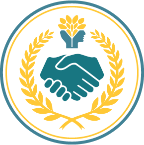 A circular emblem featuring shaking hands at the center, surrounded by a laurel wreath, with a globe and a plant at the top.