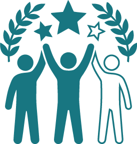 Three people on a podium celebrating, with stars overhead and laurel branches on either side.