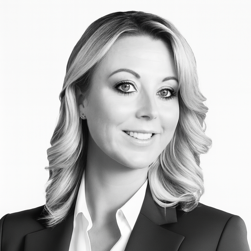 Black and white professional headshot of a woman with wavy blonde hair wearing a blazer and collared shirt, smiling slightly.
