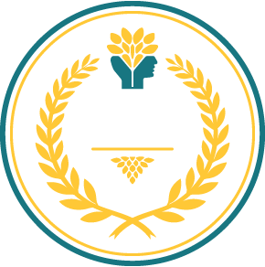 A logo featuring a blue human profile facing right, surrounded by a gold laurel wreath, with a gold wheat stalk top and a gold floral element at the bottom, all enclosed in a circular blue border.