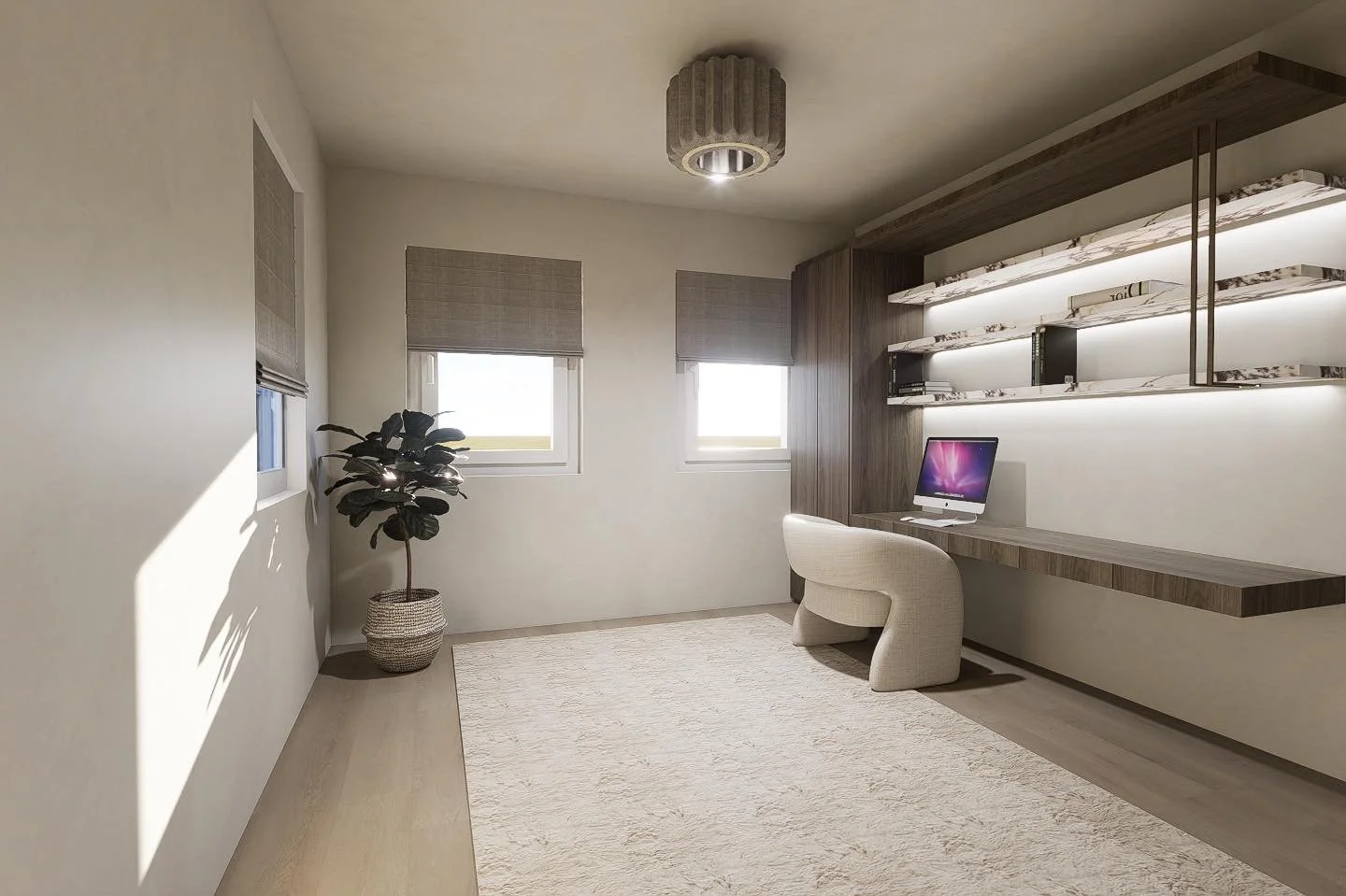 ~Door dezelfde materialen, kleuren en details door te voeren in alle ruimtes ontstaat &eacute;&eacute;n samenhangend interieur.~

De werkplek is geen los element, maar een verlengde van het geheel &ndash; rustig, warm en in balans.

Een plek waar des