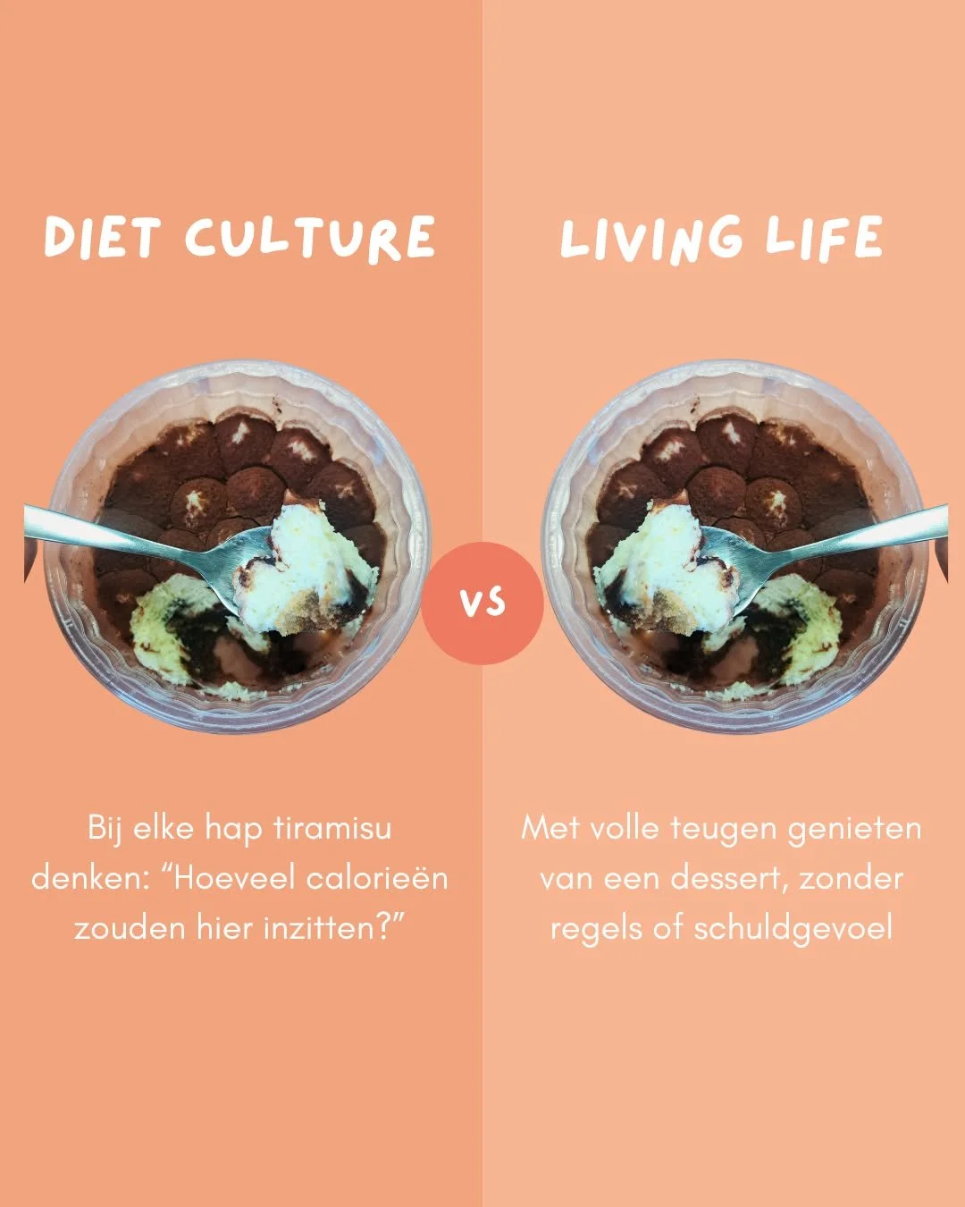 We kennen het allemaal: dat stemmetje in ons hoofd dat zich gedraagt als de &ldquo;dieetpolitie&rdquo;. 🚨
Die zegt dingen als: &ldquo;Tiramisu? Dat mag je niet!&rdquo; of &ldquo;Te veel suiker, nu heb je het weer verpest.&rdquo;

Het helpt om je ged