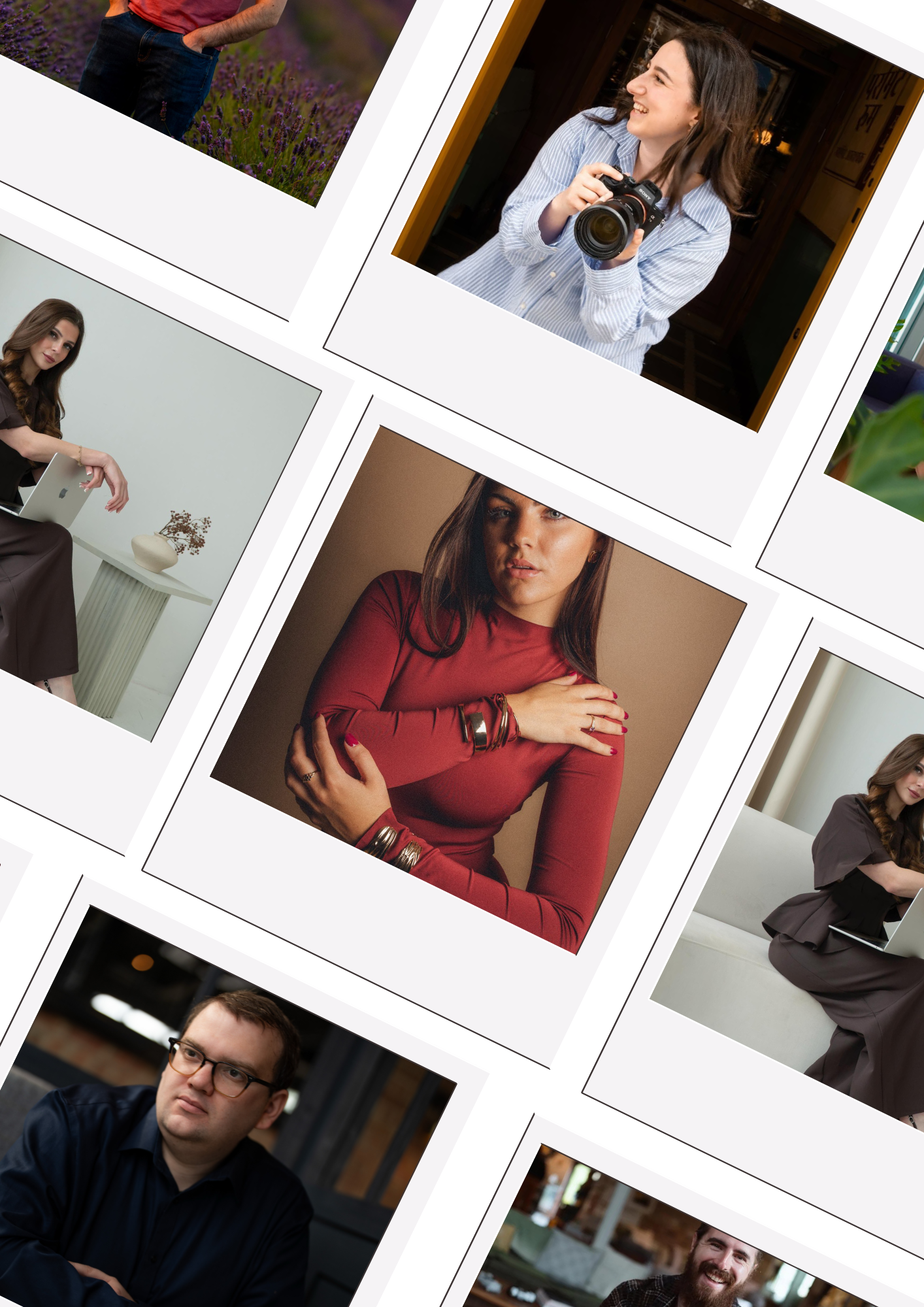 Collage of portraits including a woman with a camera, a woman with a laptop, a woman in a red top, a man with glasses in a dark shirt, and a smiling man with a beard in an outdoor setting.