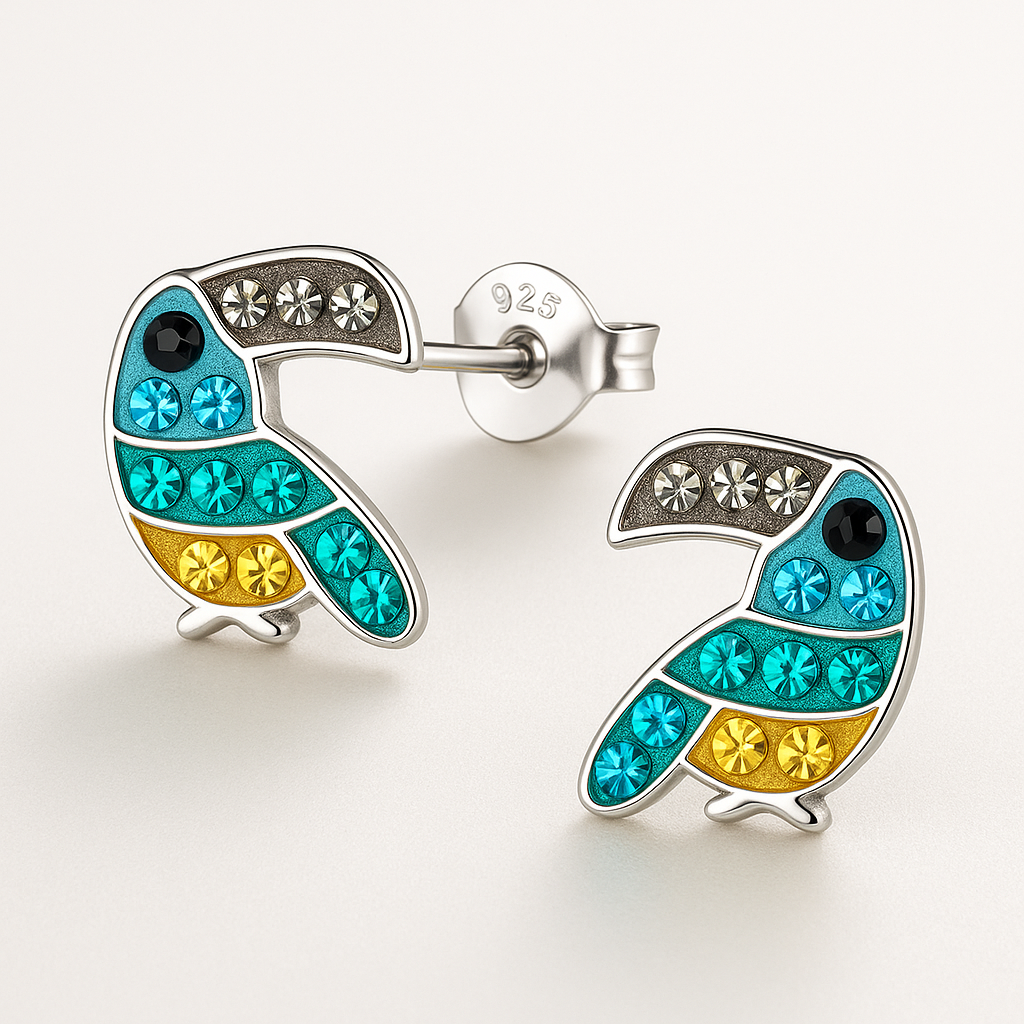 Teal Toucan Stud Earrings | Sterling Silver Crystal