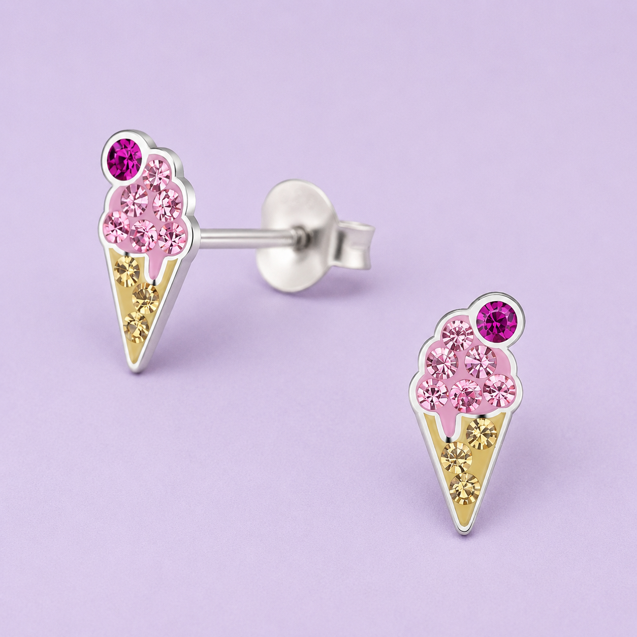 Dainty Sterling Silver Strawberry Crystal Ice Cream Earrings