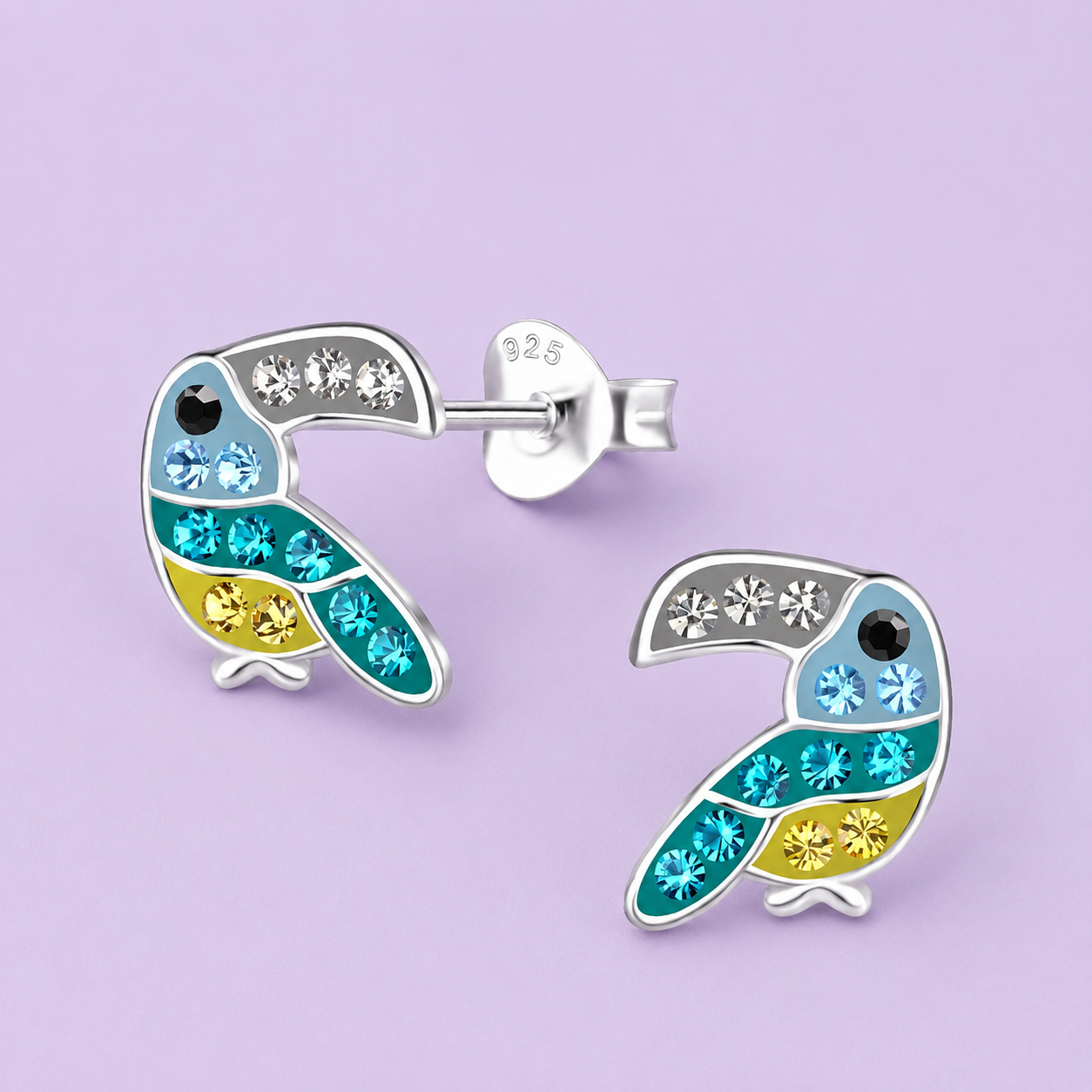 Sterling Silver Teal Toucan Crystal Stud Earrings for little girls