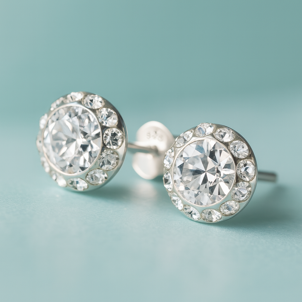 Silver stud earrings with a central clear gemstone surrounded by smaller clear gemstones on a light blue background.