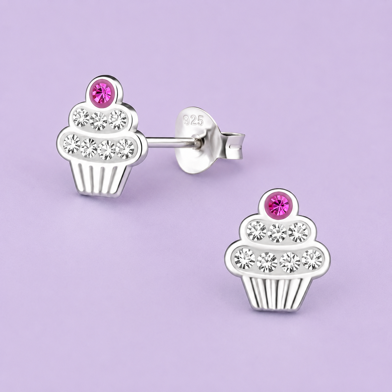Sterling Silver Cupcake Stud Earrings – Pink Crystal Cherry