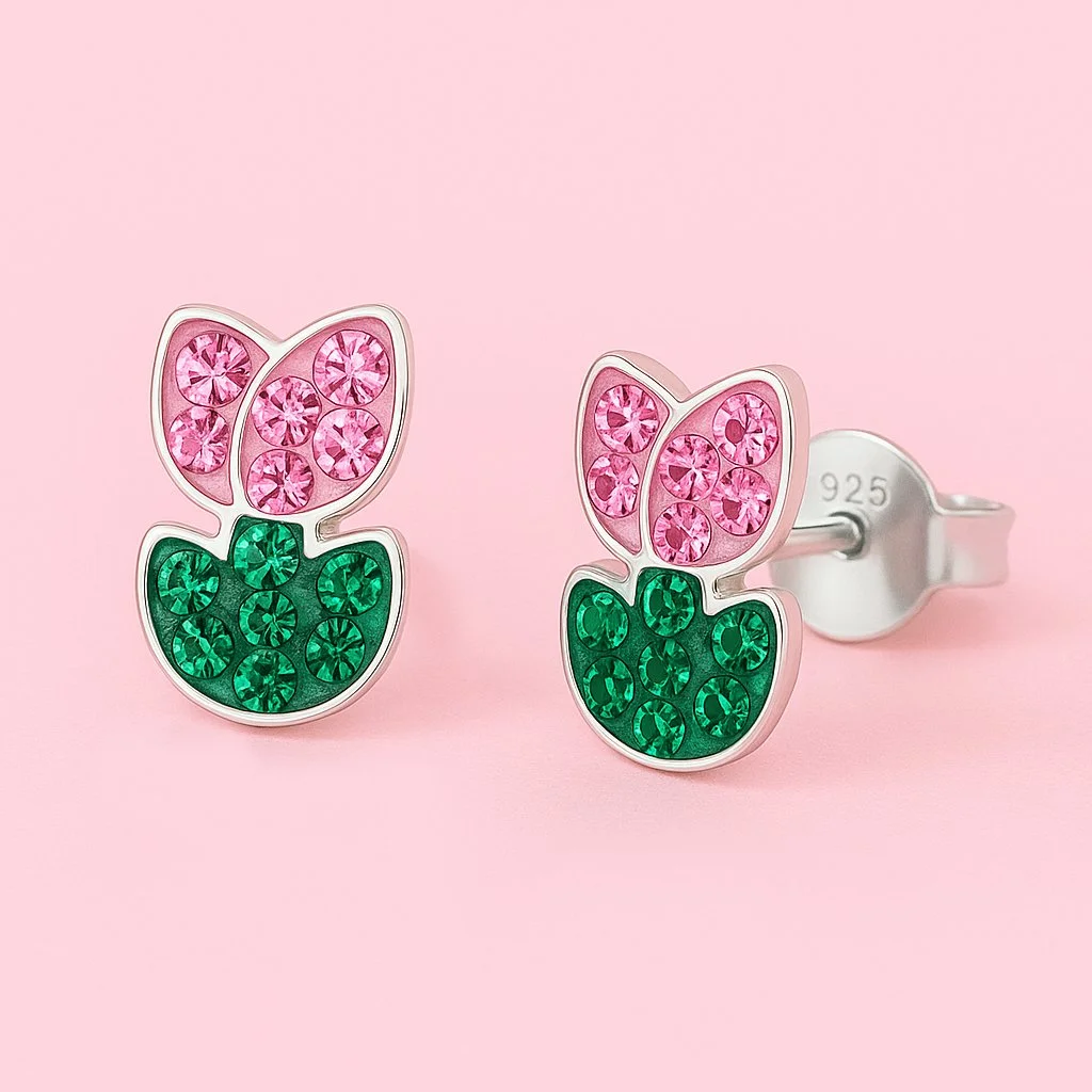 Pink and Green Tulip Stud Earrings | Sterling Silver