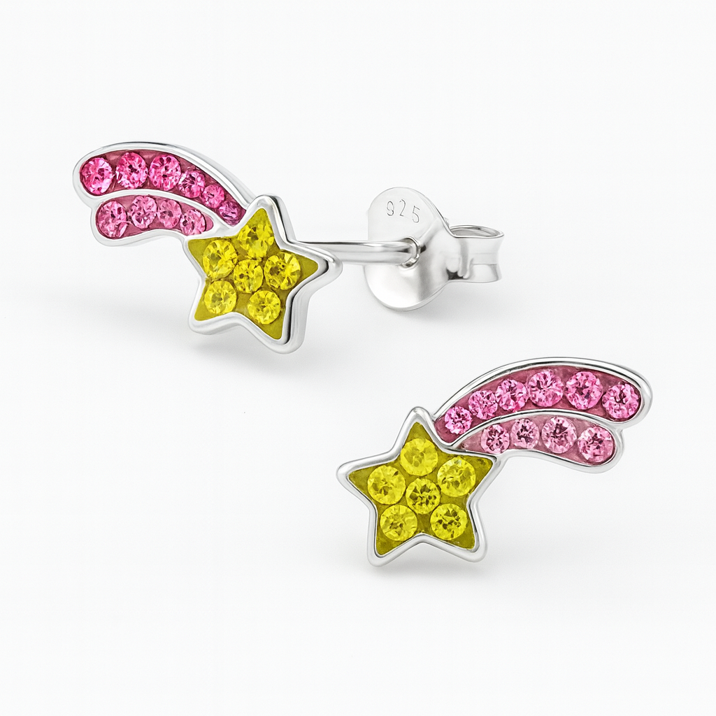 Pink and Yellow Shooting Star Stud Earrings | Sterling Silver