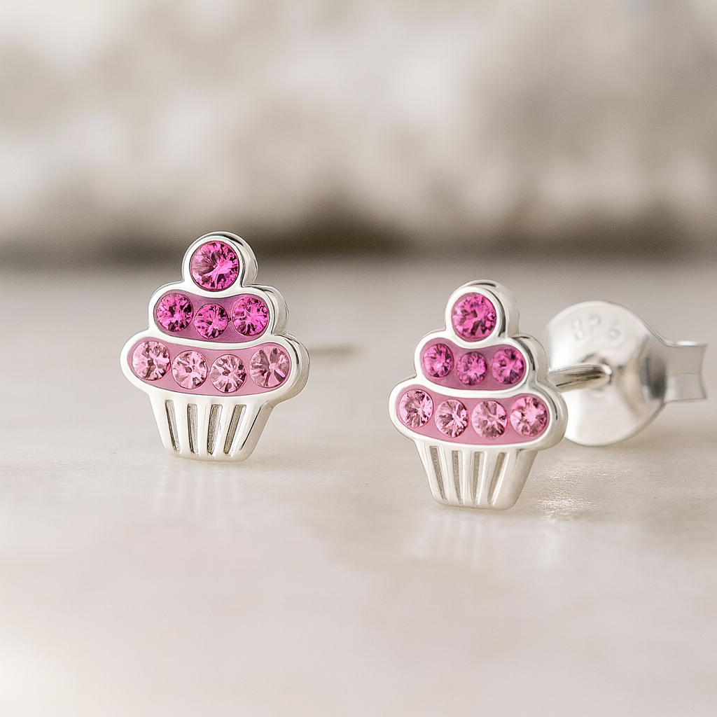 Light Strawberry Top Cupcake Stud Earrings | Sterling Silver Crystal